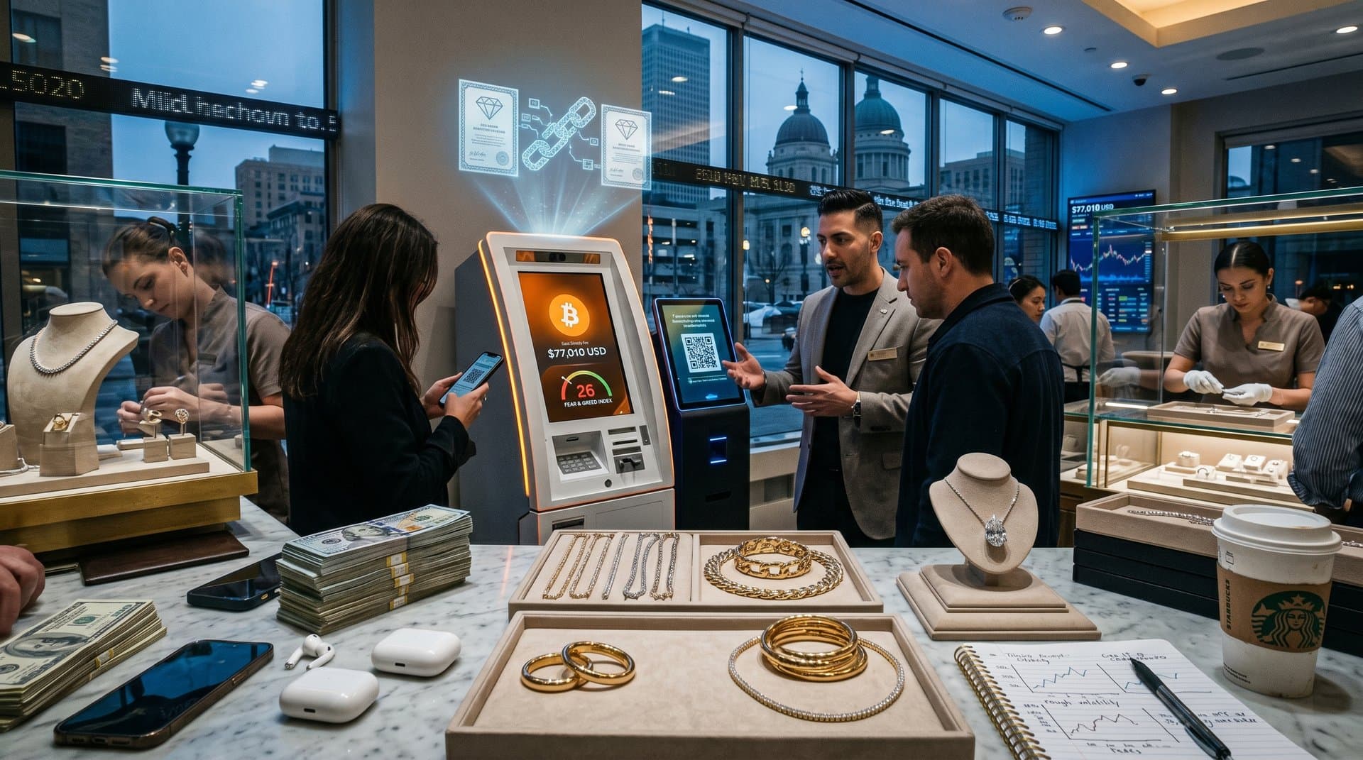 Crypto kiosk in luxury necklace boutique displays $77K BTC amid Minnesota ban news and Fear & Greed 26