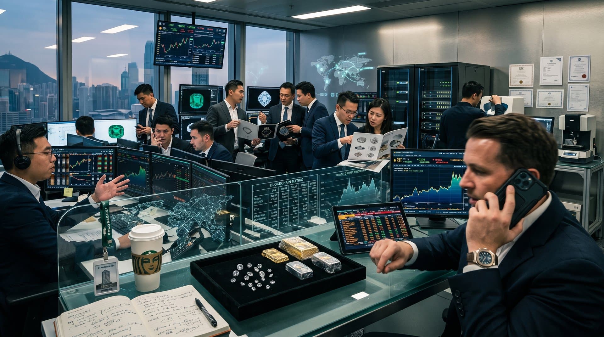 Luxury jewelry traders on financial floor viewing crypto prices, diamond scans, and LVMH charts amid blockchain provenance displays