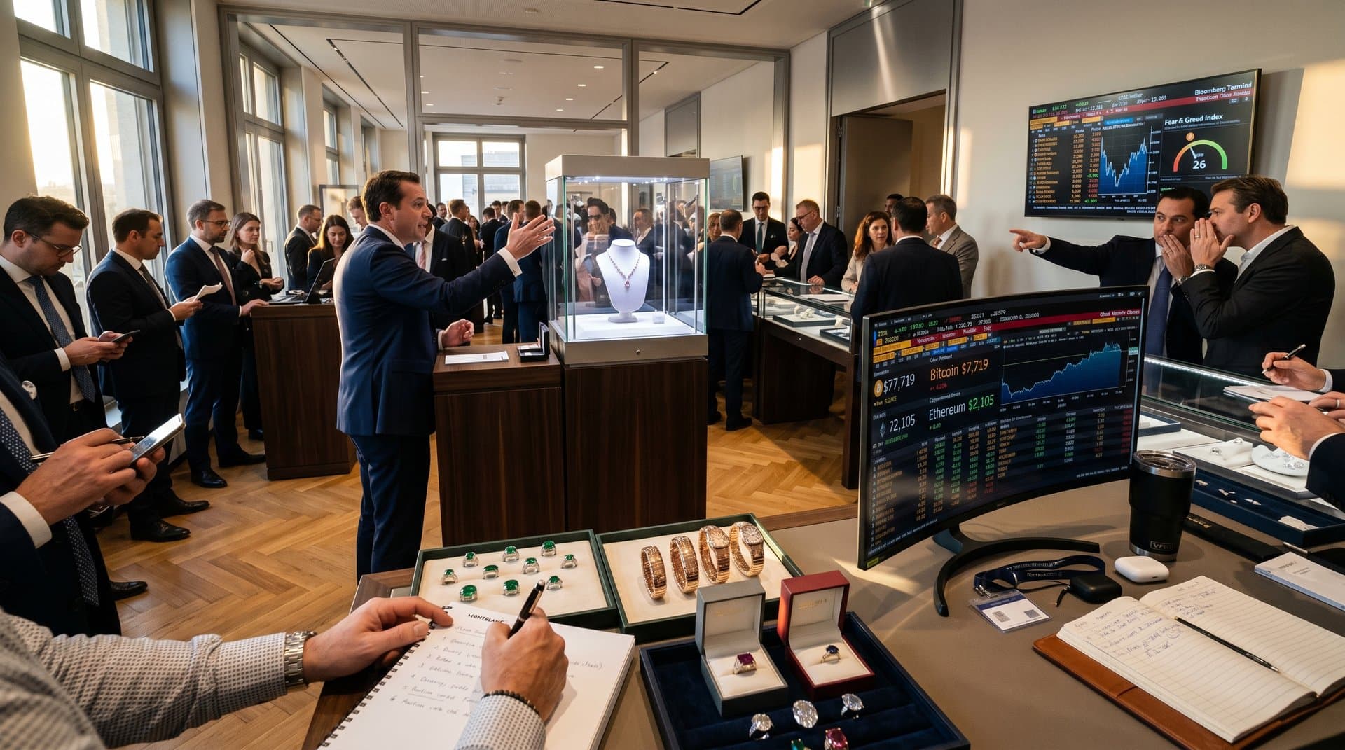 Luxury jewelry displays of diamonds and emeralds beside cryptocurrency charts showing Bitcoin at $77,719 in a Sotheby's Geneva auction room