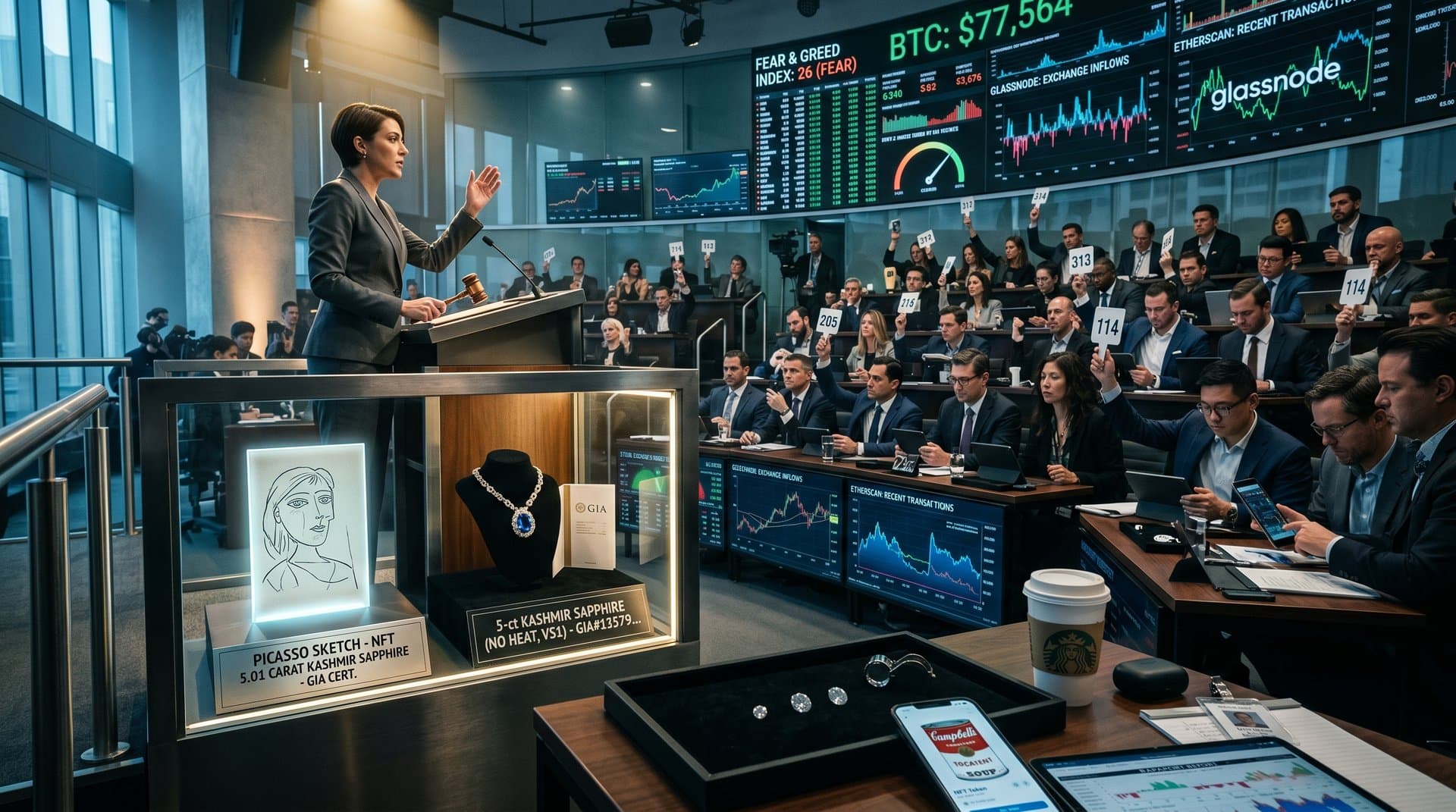 Auction scene with blue-chip art and luxury jewelry under scrutiny amid crypto price monitors