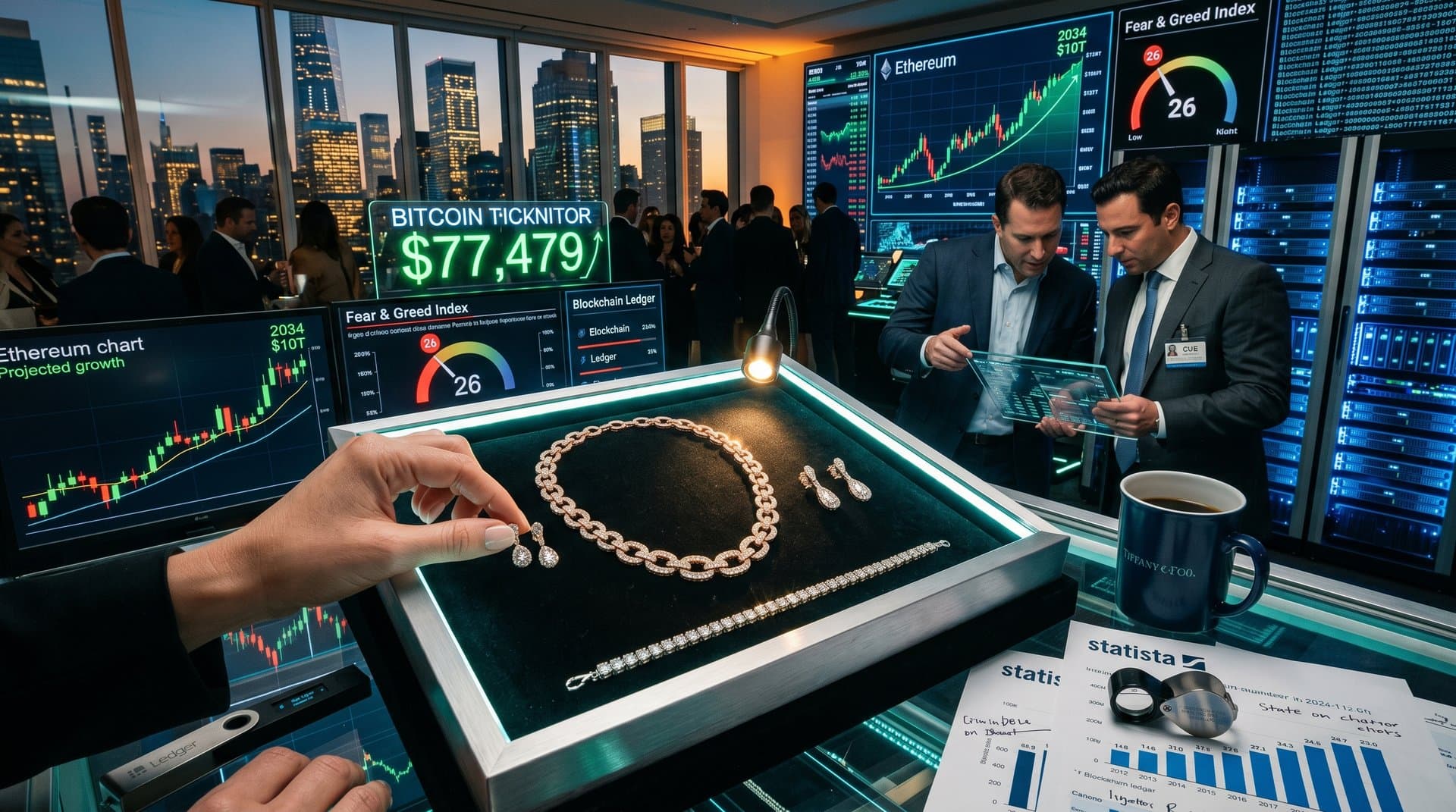 Bridal pavé diamond jewelry set with crypto charts overlay: BTC $77K, ETH trends, Fear & Greed 26 on luxury velvet display