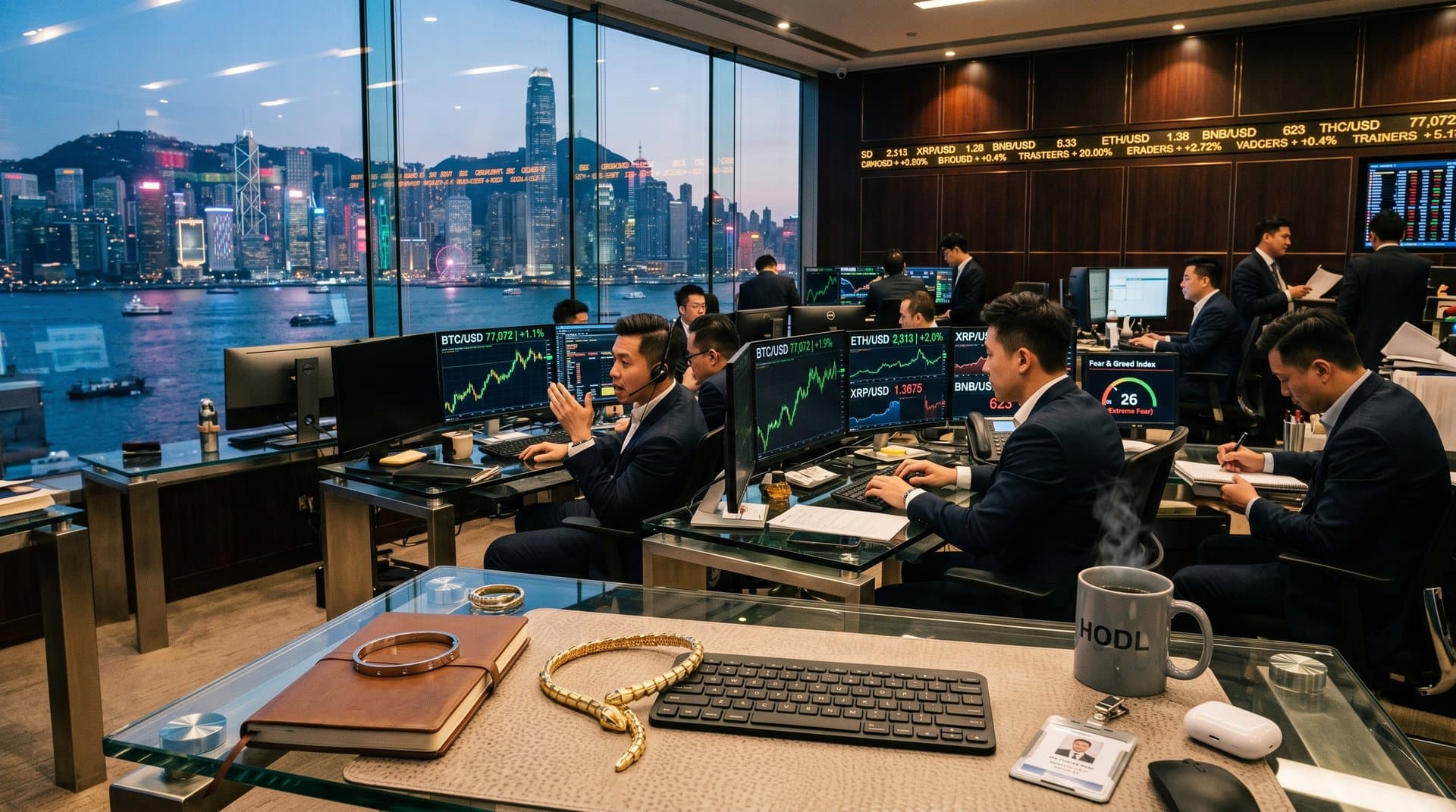 Trading screens display BTC at $77K and Fear Index 26 alongside Bulgari and Cartier luxury necklace elements