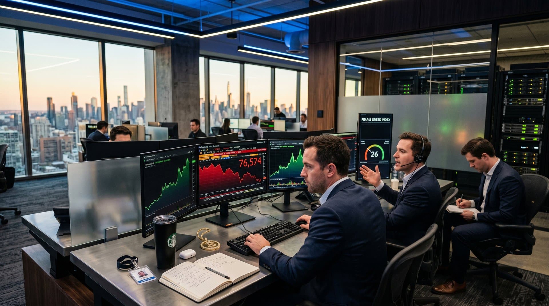 Trading desk with BTC at $76K charts, Fear & Greed 26, and luxury 18k gold crypto jewelry pendant