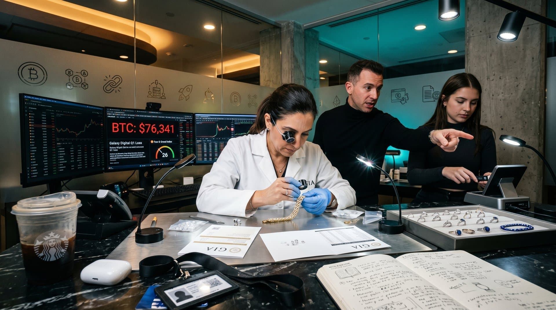 Jewelry atelier with crypto monitors displaying Galaxy Digital loss and Bitcoin prices beside diamond displays