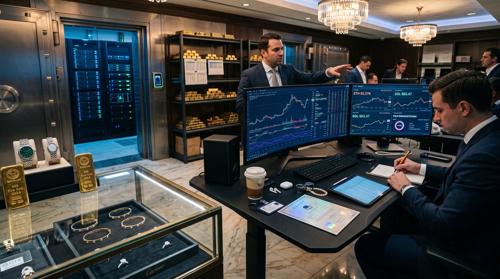 Jewelry vault with diamond necklaces and trading screens showing BTC $75,989 charts amid gold bars and LED lights