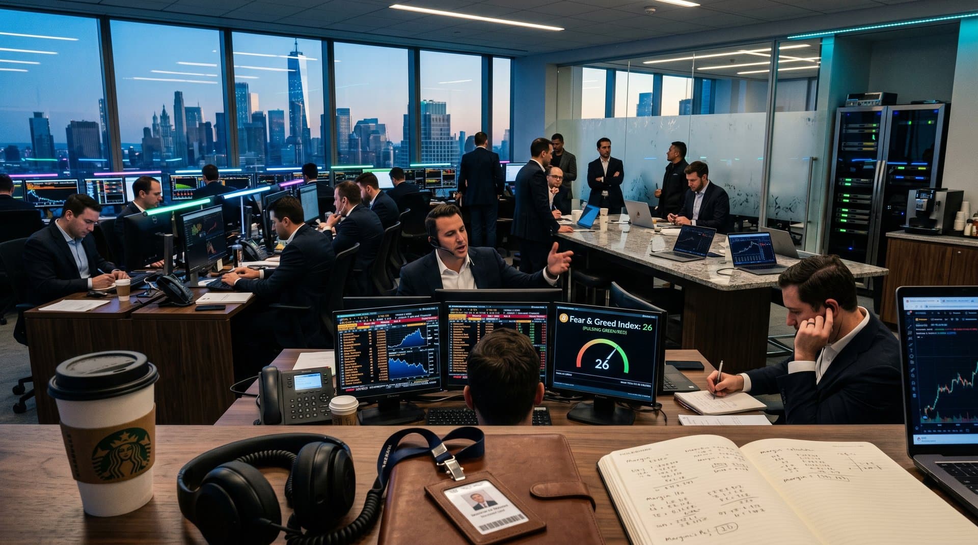 Crypto trading desk displays BTC $75,915 charts and luxury Cartier Van Cleef earrings tray