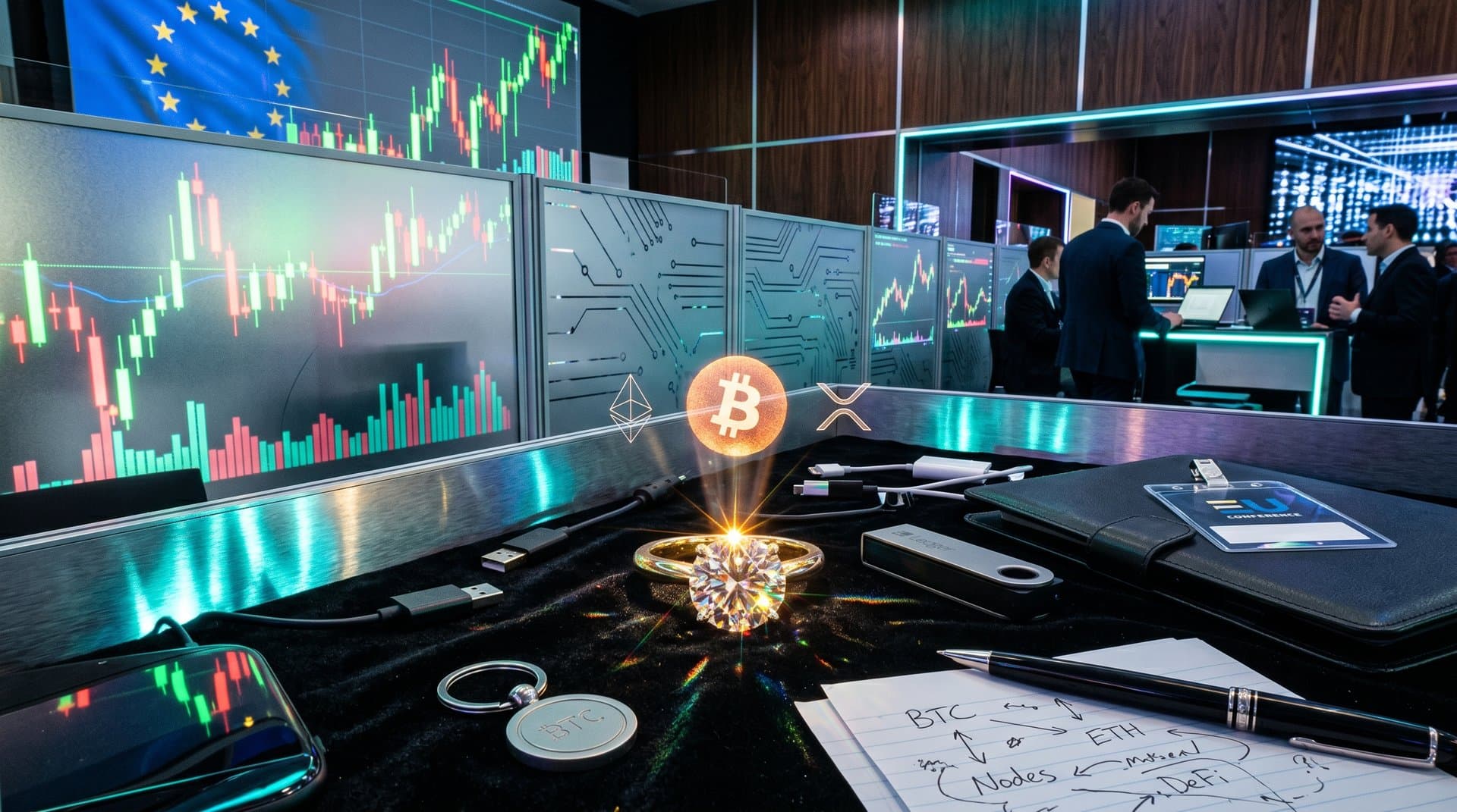 Luxury diamond solitaire ring beside crypto holograms and charts in blue-lit luxury setting