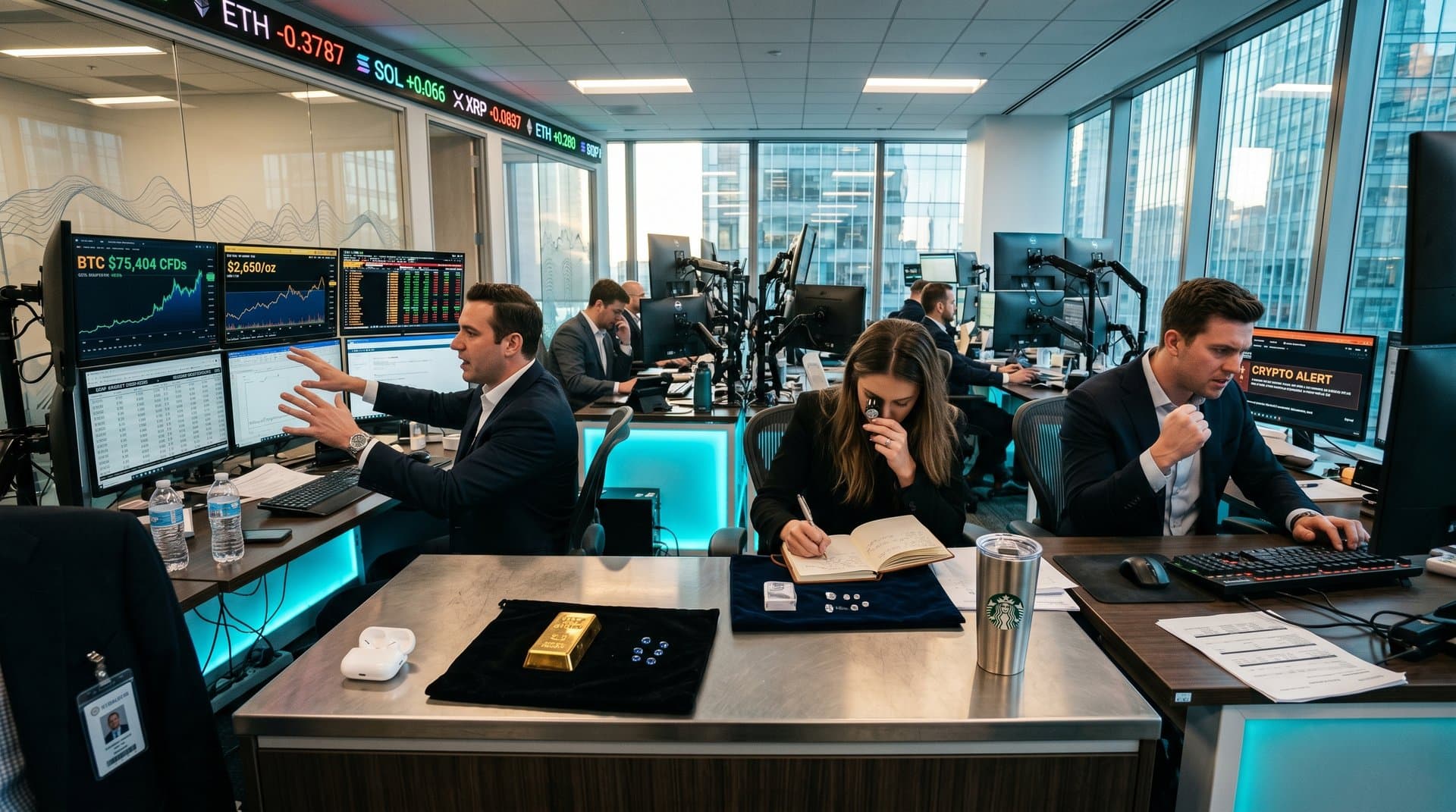 Trader monitors BTC $75,404, gold, and diamond charts on advanced terminals in luxury finance office with jewelry elements