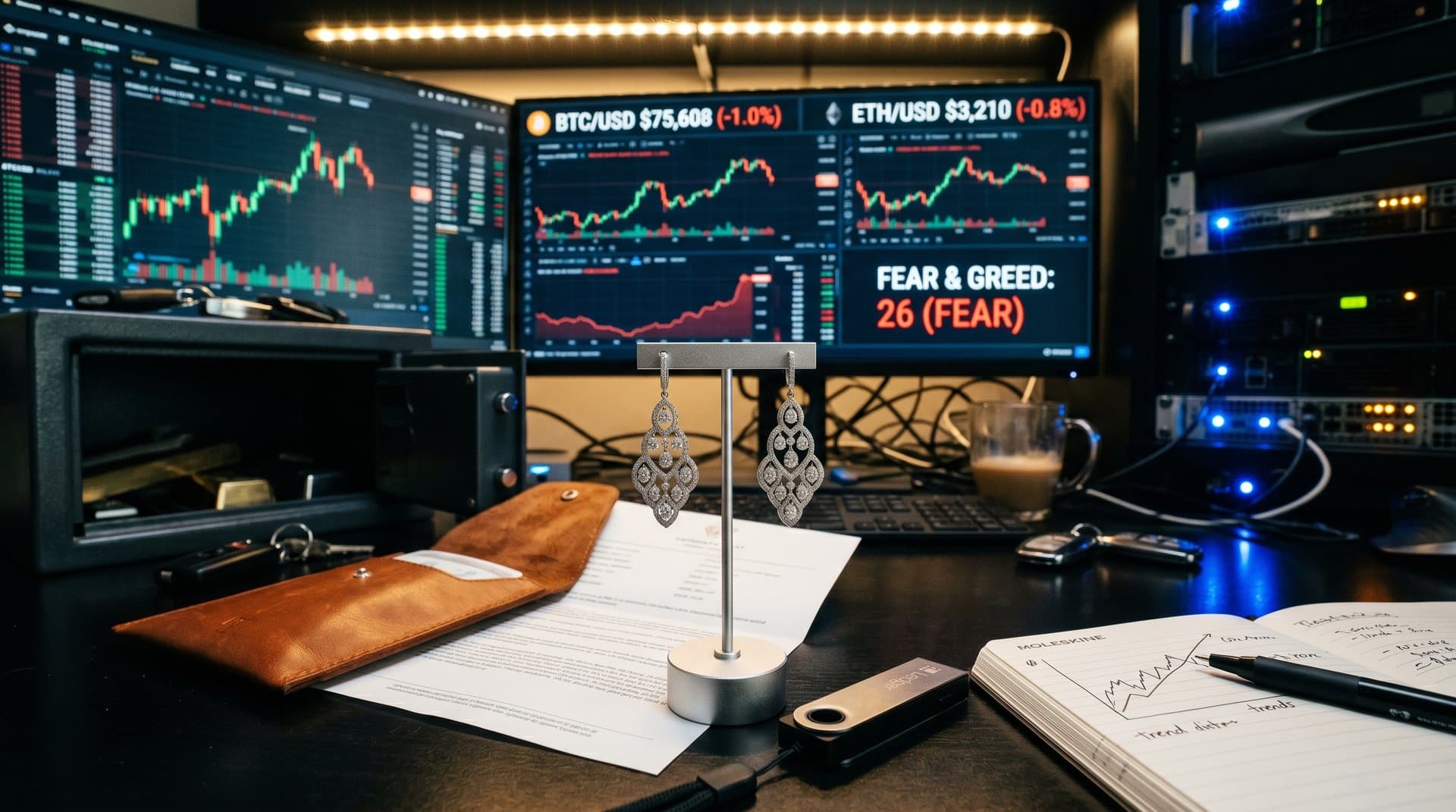 Luxury diamond earrings beside crypto charts and Fear & Greed Index at 26, highlighting jewelry asset protection