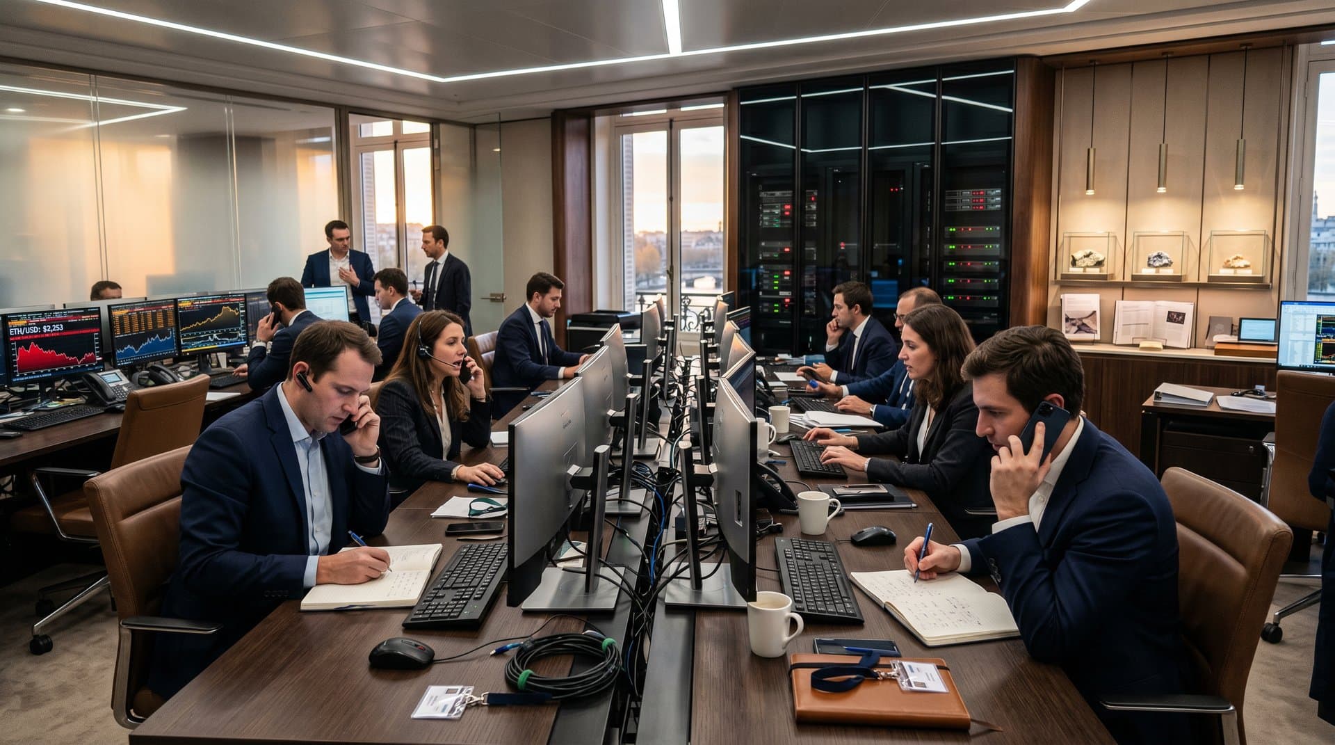 Bloomberg terminals in LVMH treasury room show Ethereum price drop to $2,253, gold charts, and diamond indices with Paris skyline