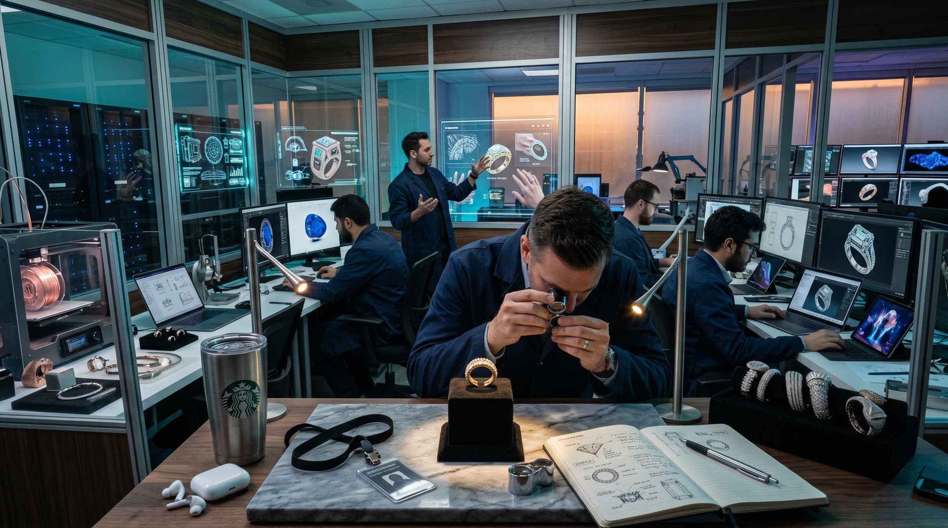 AI-powered jewelry lab prototyping pavé smart rings with generative designs, gem scanners, and holographic tech amid luxury innovation