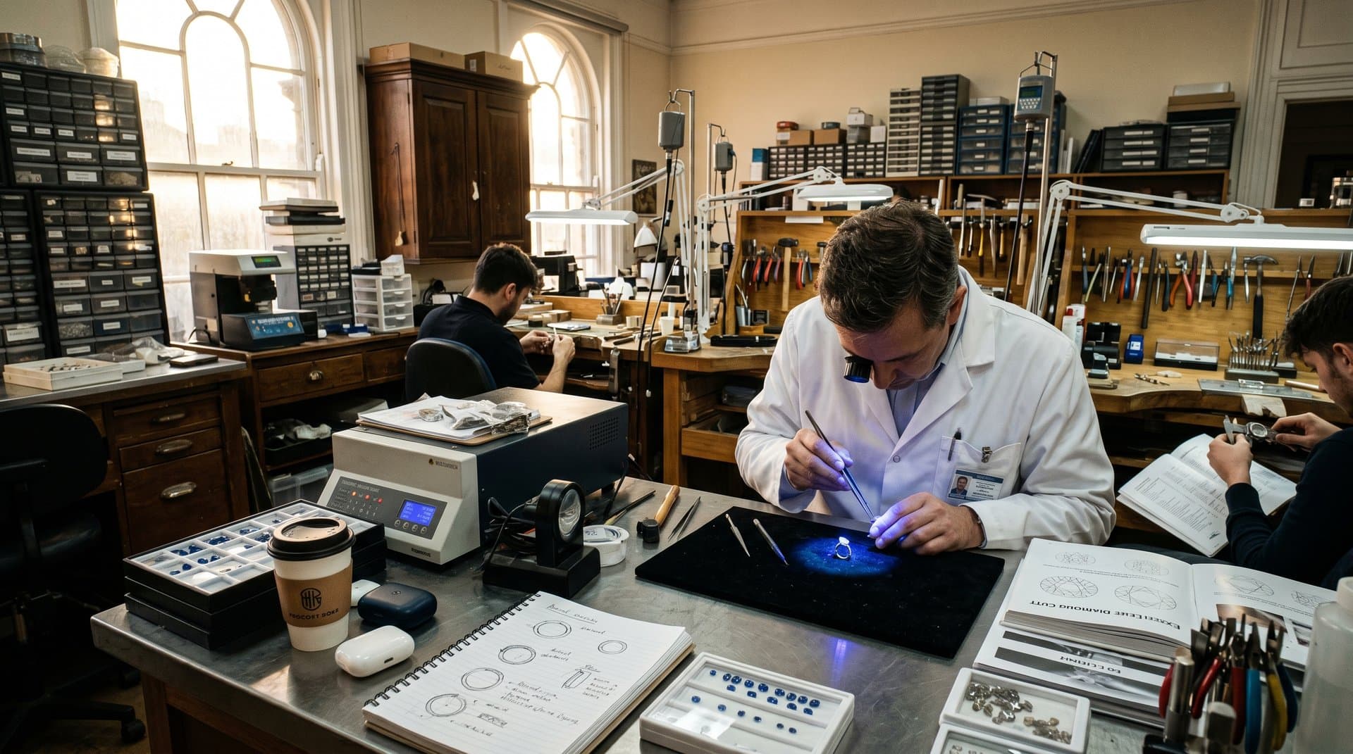 Artisans hand-setting diamonds into platinum bridal bands and polishing gold chains in Cartier's sunlit Paris atelier workshop (102 chars)