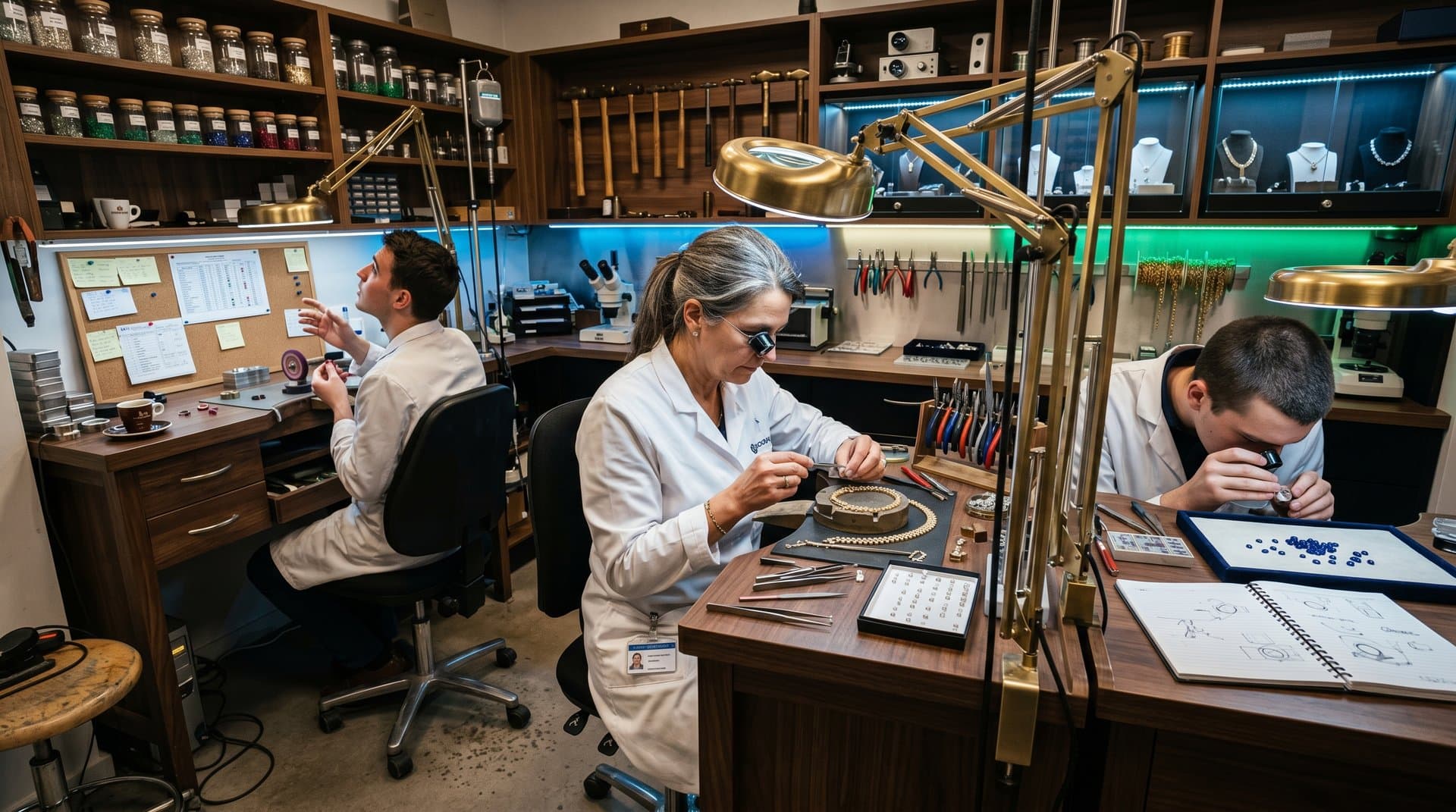 Master jeweler handcrafts diamond pavé necklace in luxury atelier workshop with tools and gemstones