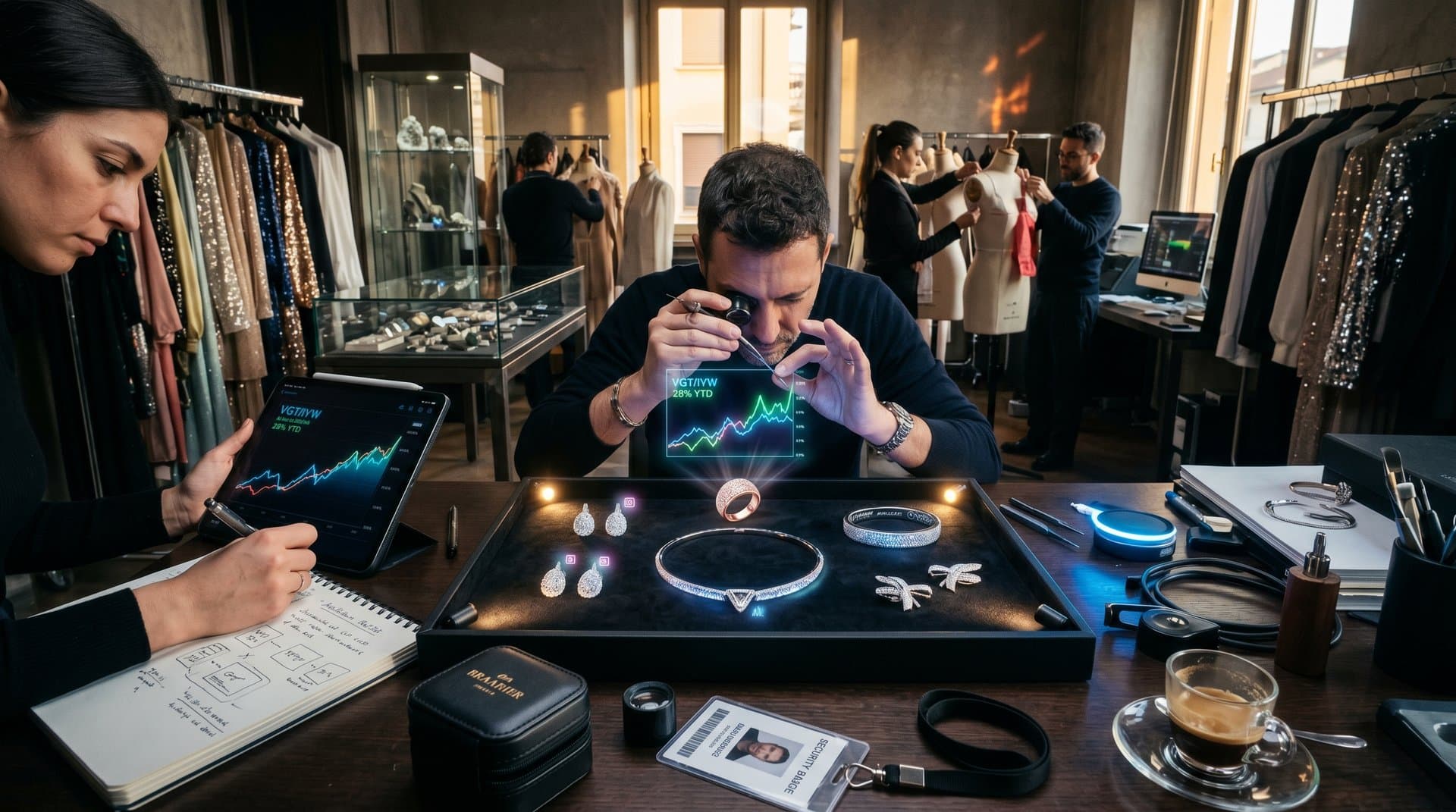 Luxury smart jewelry showcasing VGT and IYW AI tech ETF charts: pavé rings, prong earrings, tech gold pieces on velvet tray