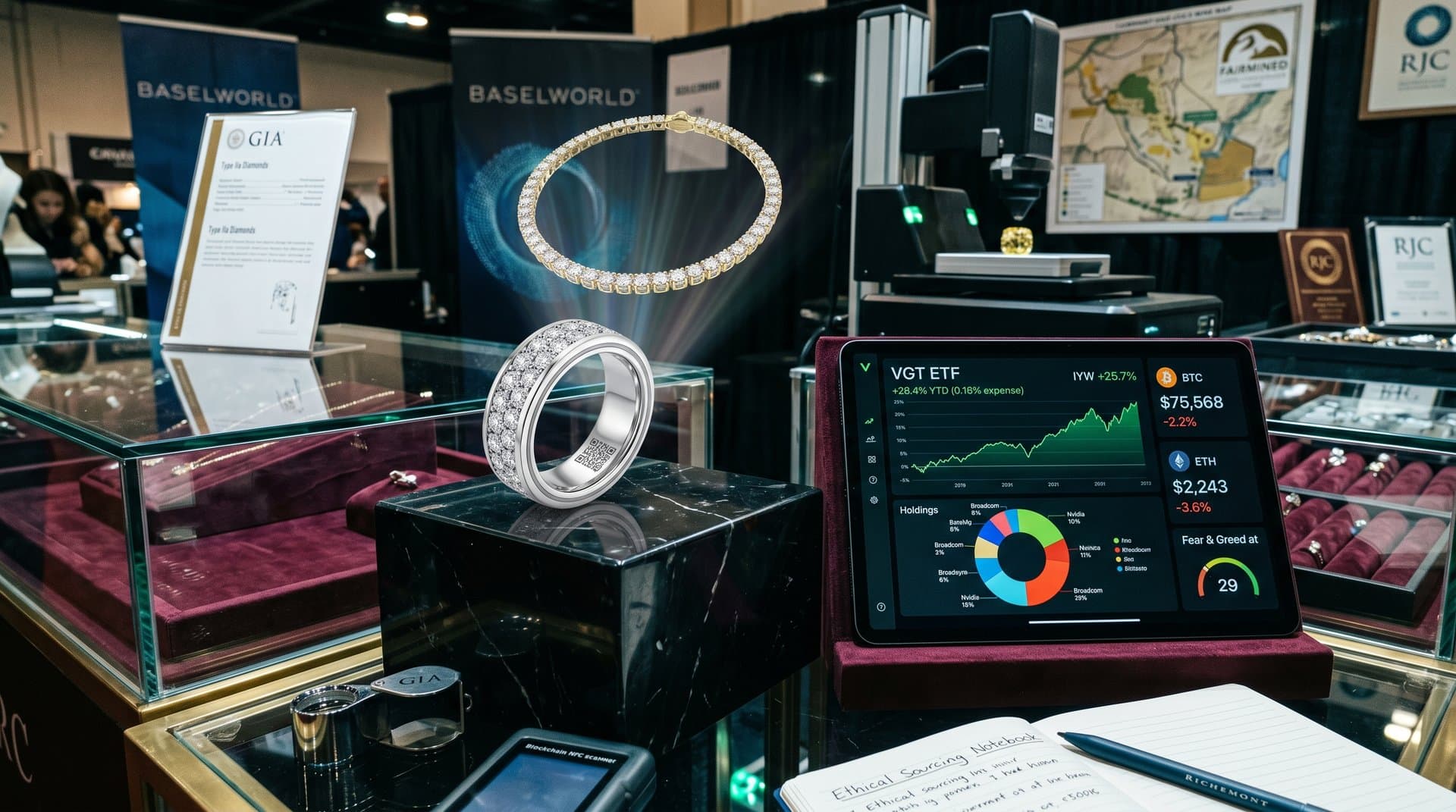 18k gold NFC smart ring with VS1 lab diamonds, AR necklace projection, VGT ETF chart outperforming IYW near BTC dip ticker