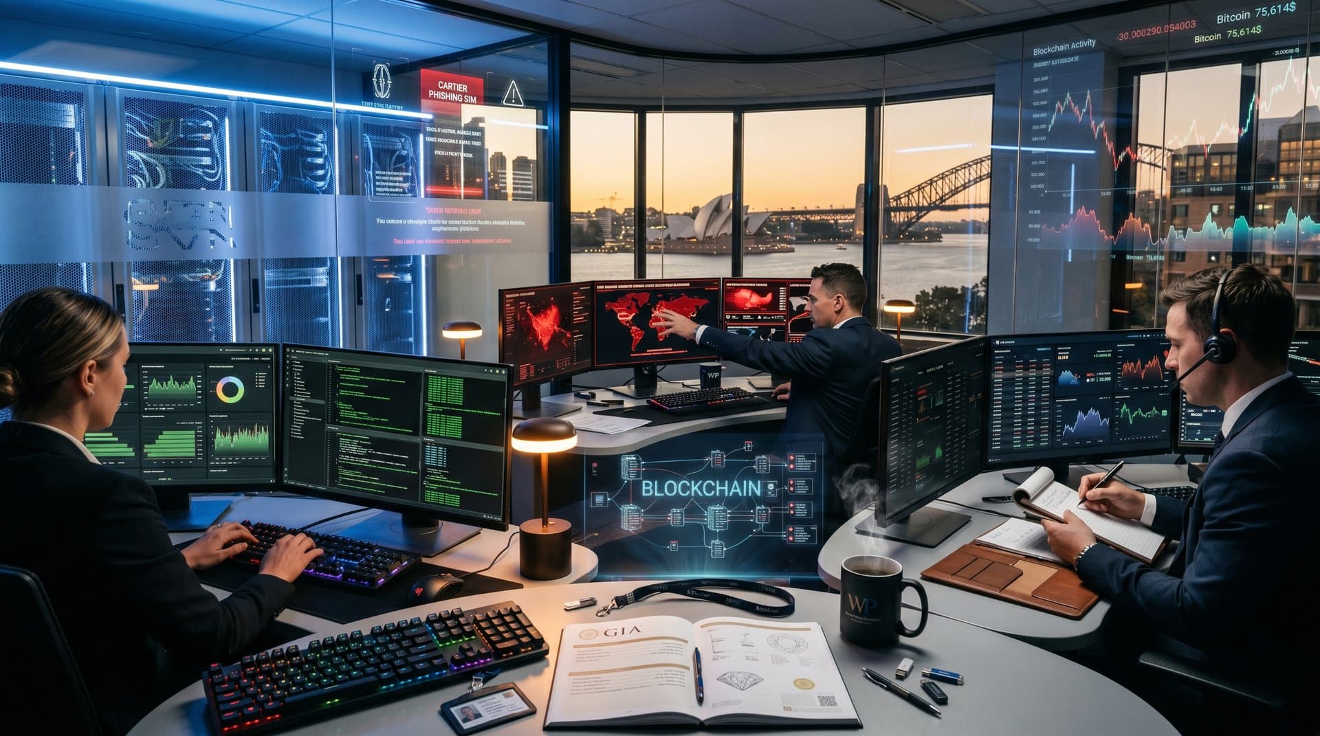 Cybersecurity team monitors frontier AI threats to jewelry e-commerce on advanced dashboards in modern Sydney bank center