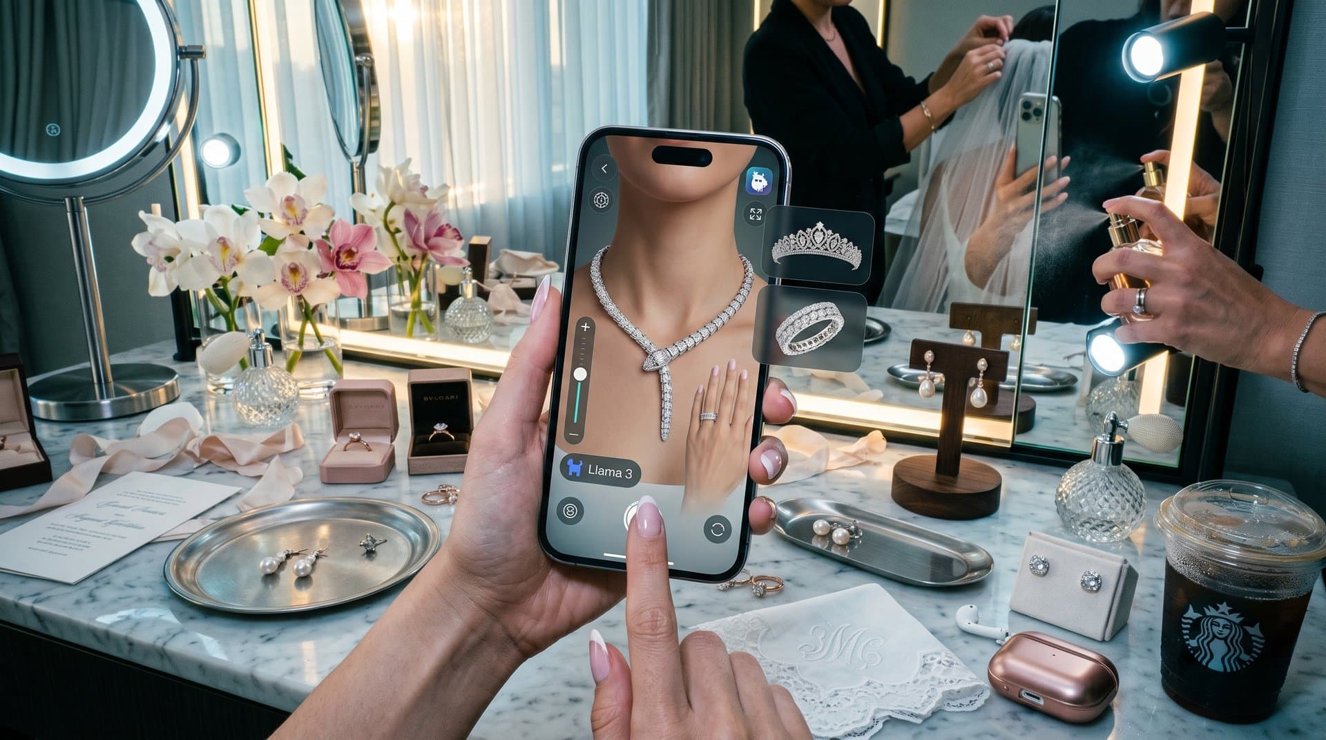 AR virtual try-on of luxury bridal jewelry on smartphone, hand with diamond solitaire, pavé emerald necklace glowing realistically