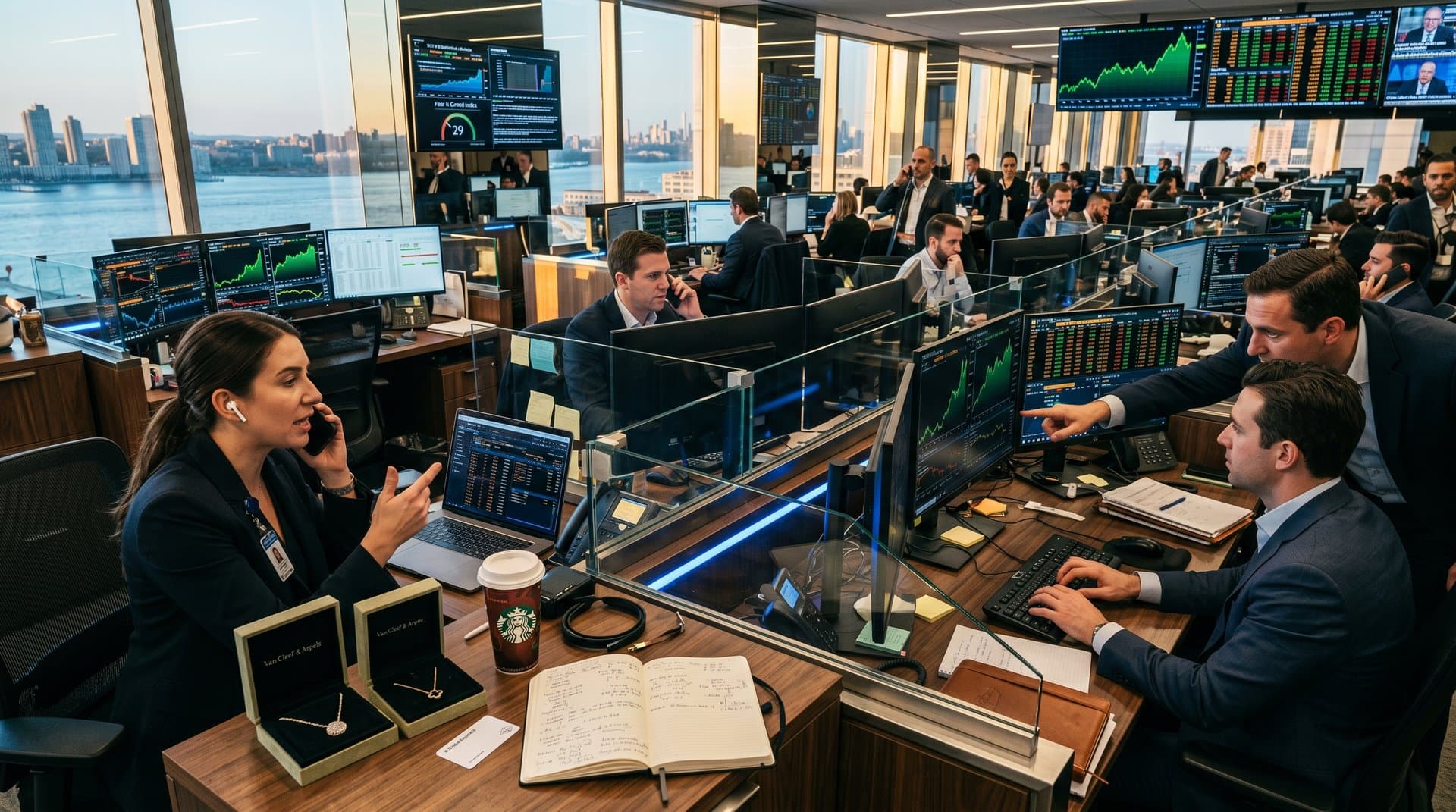 Luxury trading desk with VGT IYW charts, jewelry box, BTC data amid Manhattan skyline