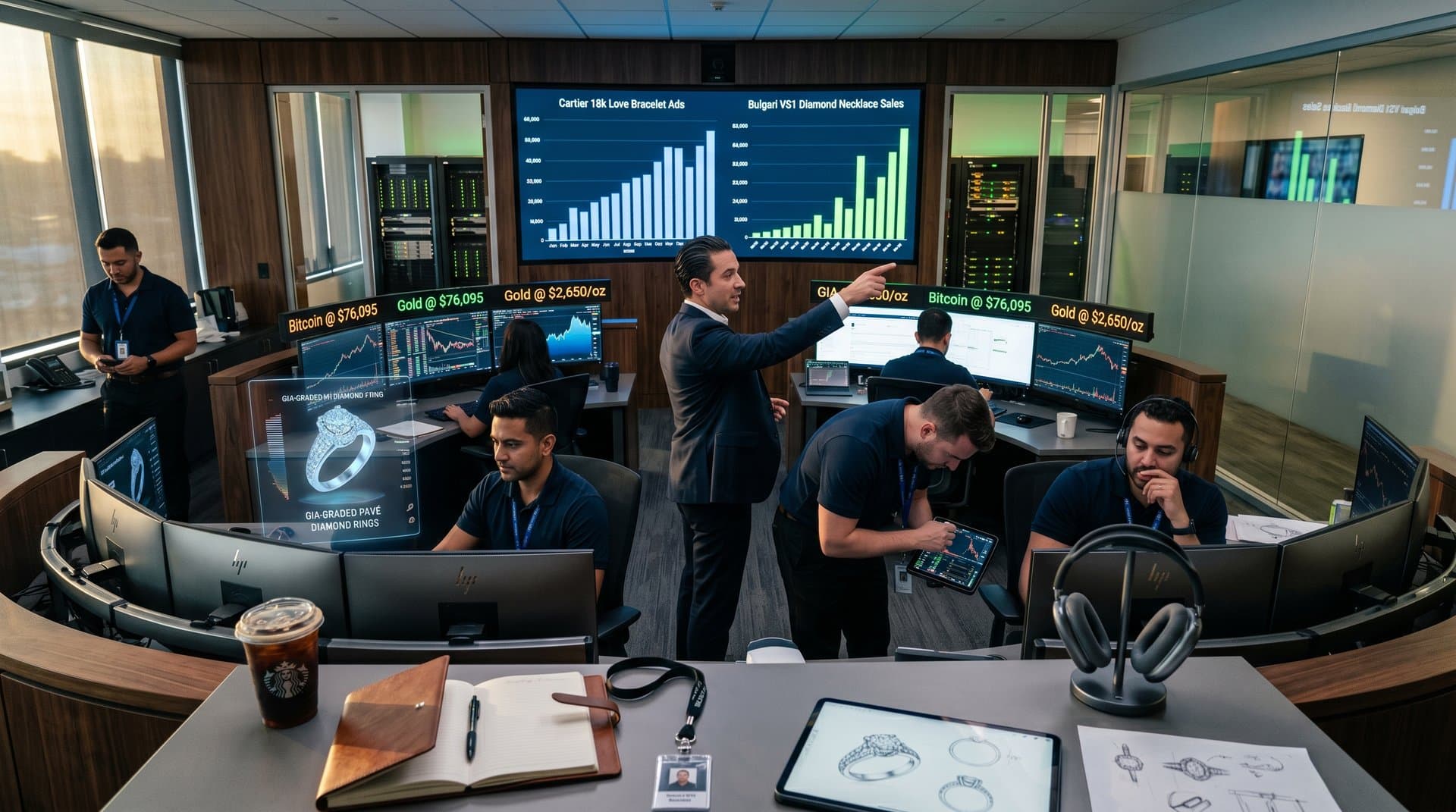 AI dashboards track luxury jewelry ad performance amid crypto charts in Meta's tech center