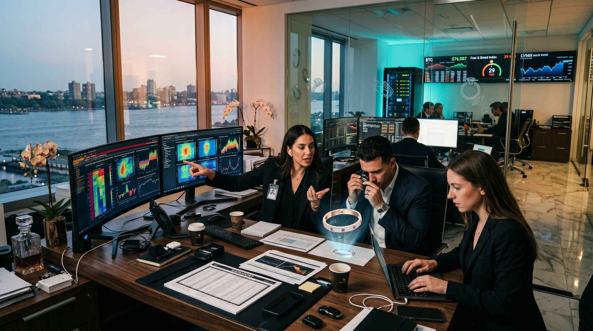 AI ad agency team analyzes luxury jewelry campaigns for BTC holders on multi-monitor setups in modern war room