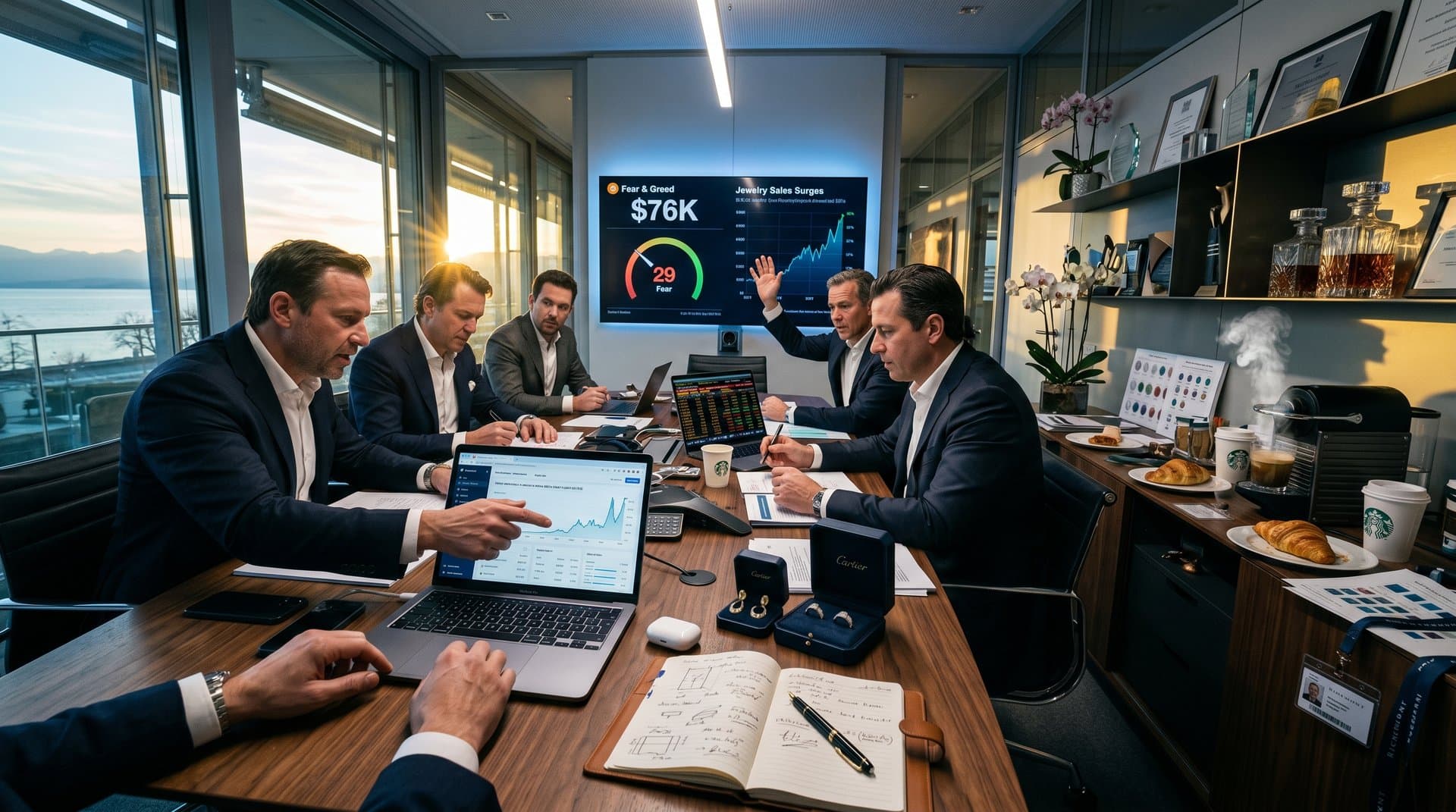 Luxury boardroom with Meta AI ad dashboards, crypto charts, and jewelry displays amid sales strategy discussion