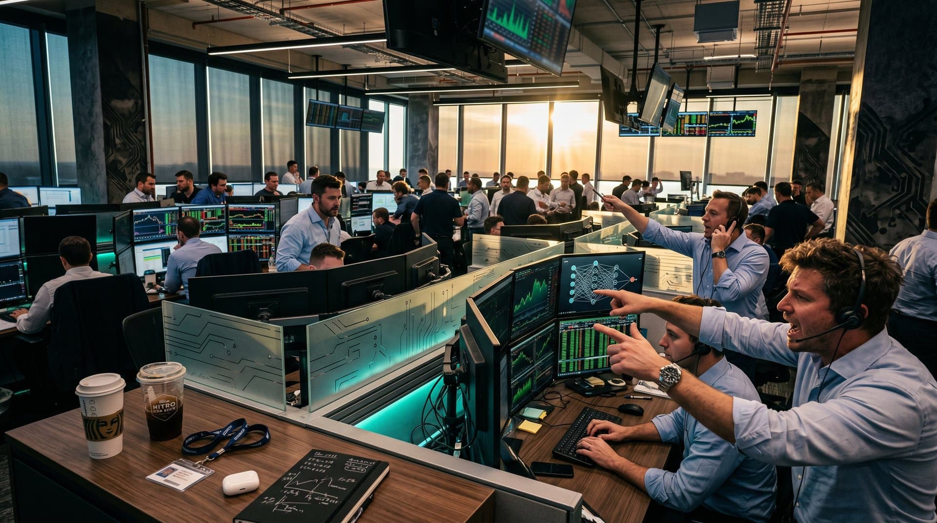 Traders at walnut Bloomberg desks scrutinize Google-Meta AI charts and luxury jewelry ad dashboards amid LED-lit trading floor bustle