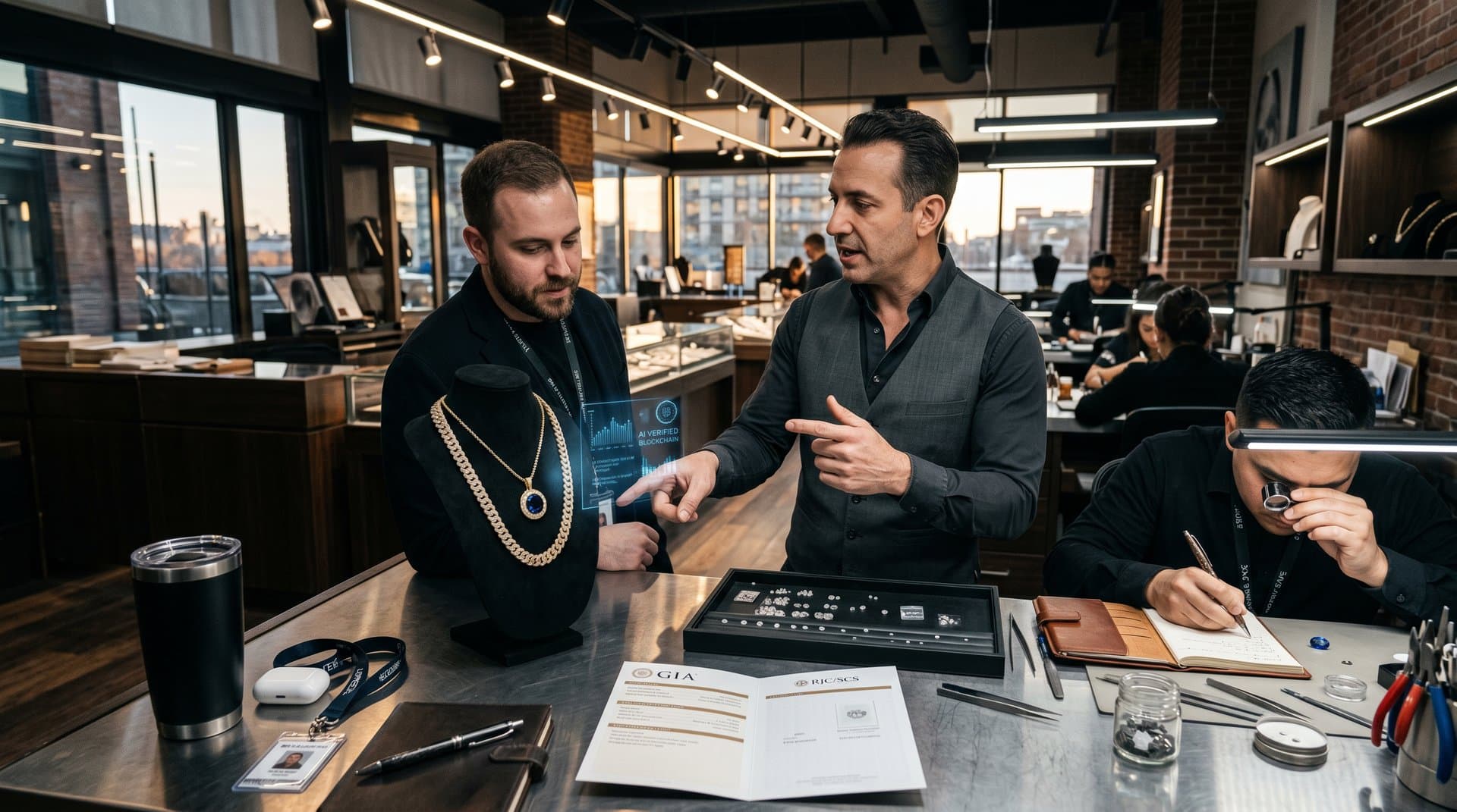 Luxury 18k gold smart necklace with pavé diamonds and sapphire pendant hiding AI chip on velvet stand