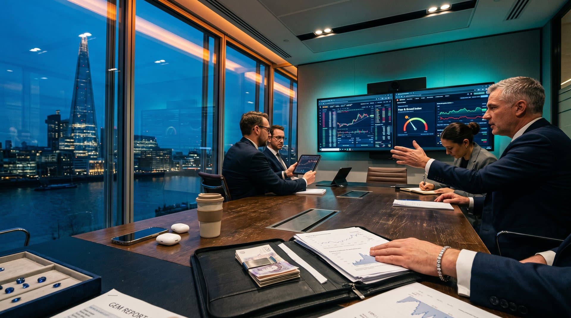 Crypto charts, diamond bracelet, and Fear & Greed Index reports on luxury bank conference table blending finance and jewelry