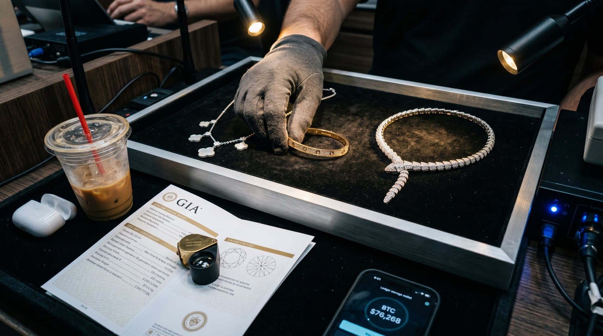 Layered Cartier, Van Cleef, Bulgari necklaces on velvet with crypto chart overlay showing BTC Fear Index