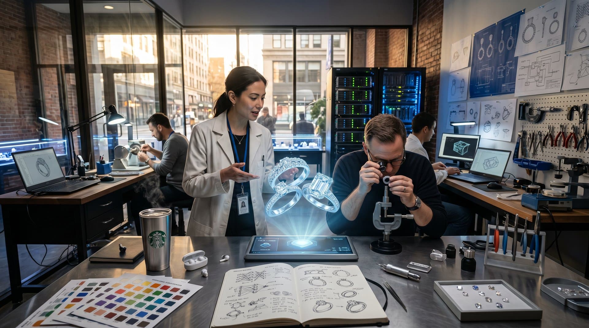 AI-powered jewelry studio renders smart bridal necklaces with diamond pavé and prototypes on workbenches amid tech setup