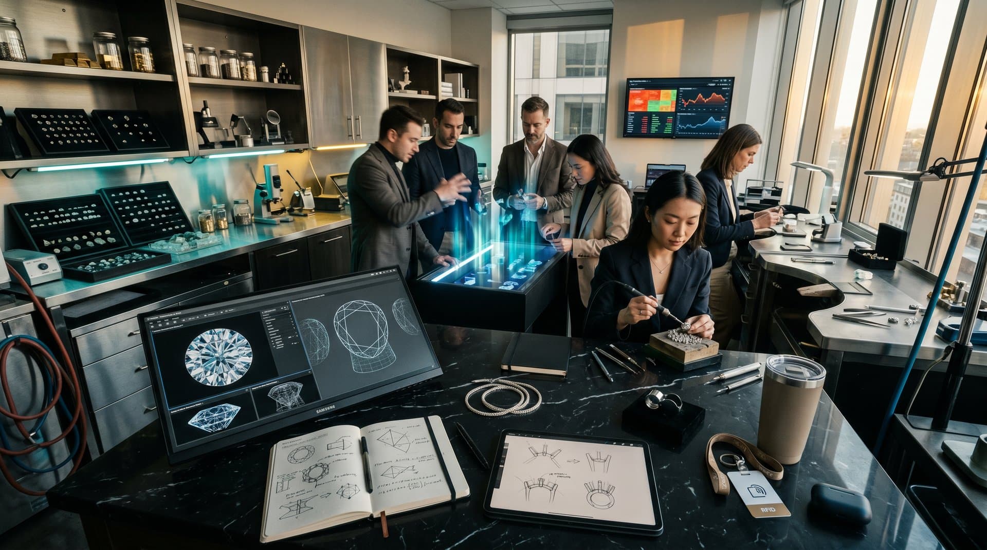 AI tech and luxury jewelry designers collaborate on smart necklace prototypes with gem simulations