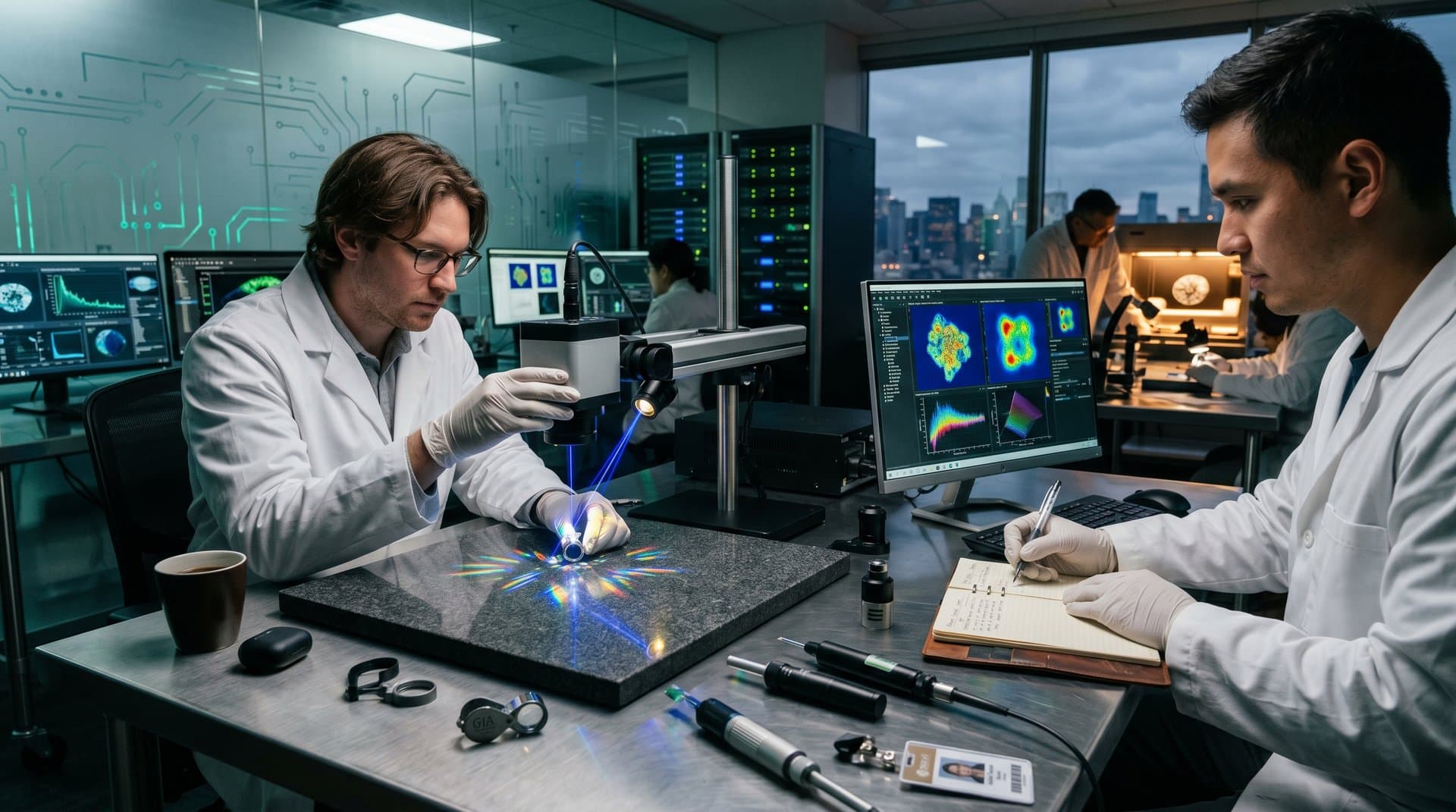 Hyperspectral scanner analyzes lab-grown diamond on workbench amid AI gem grading tools and screens in luxury tech lab