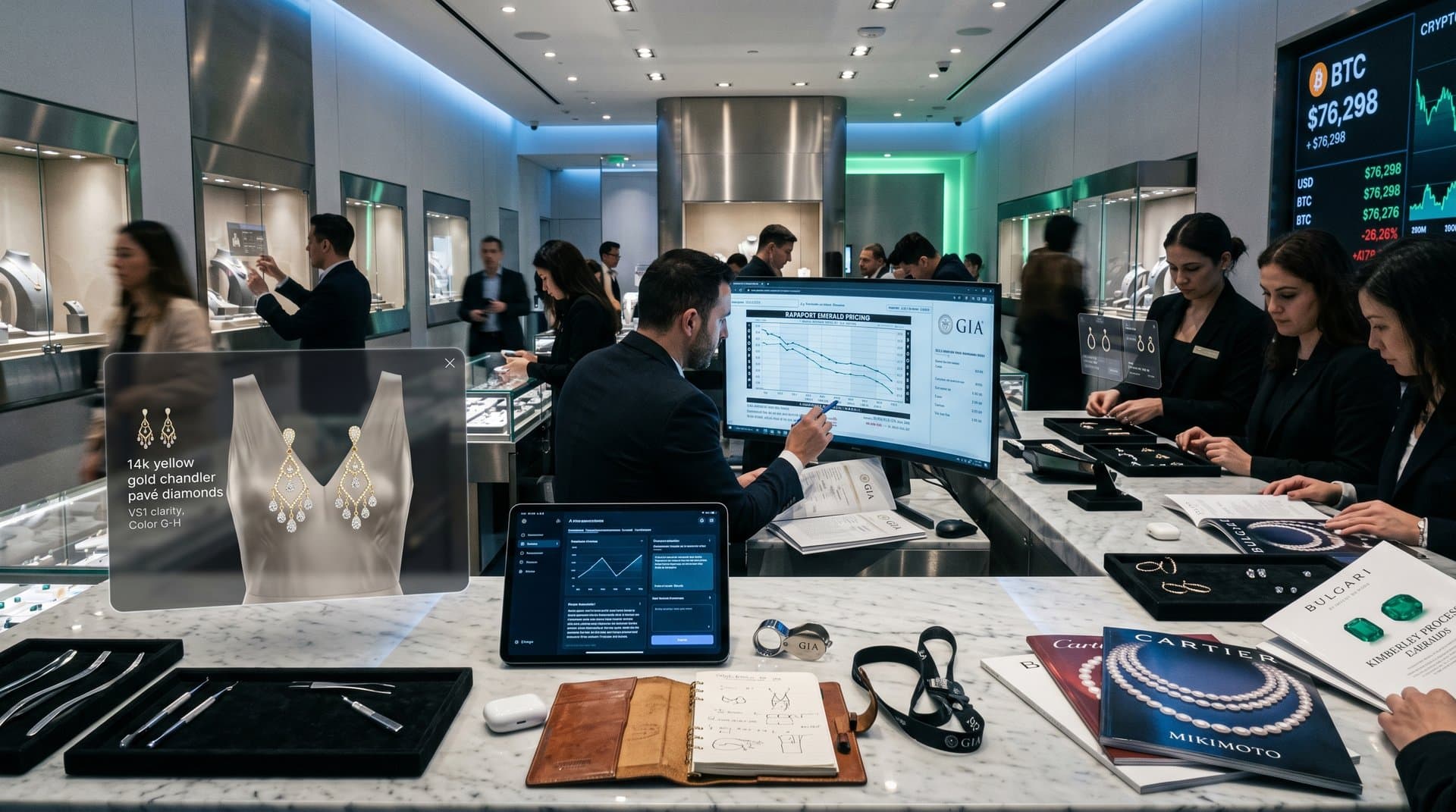 AI interfaces in luxury showroom demo earring styling with AR holograms and GIA gem reports amid tech-jewelry setup