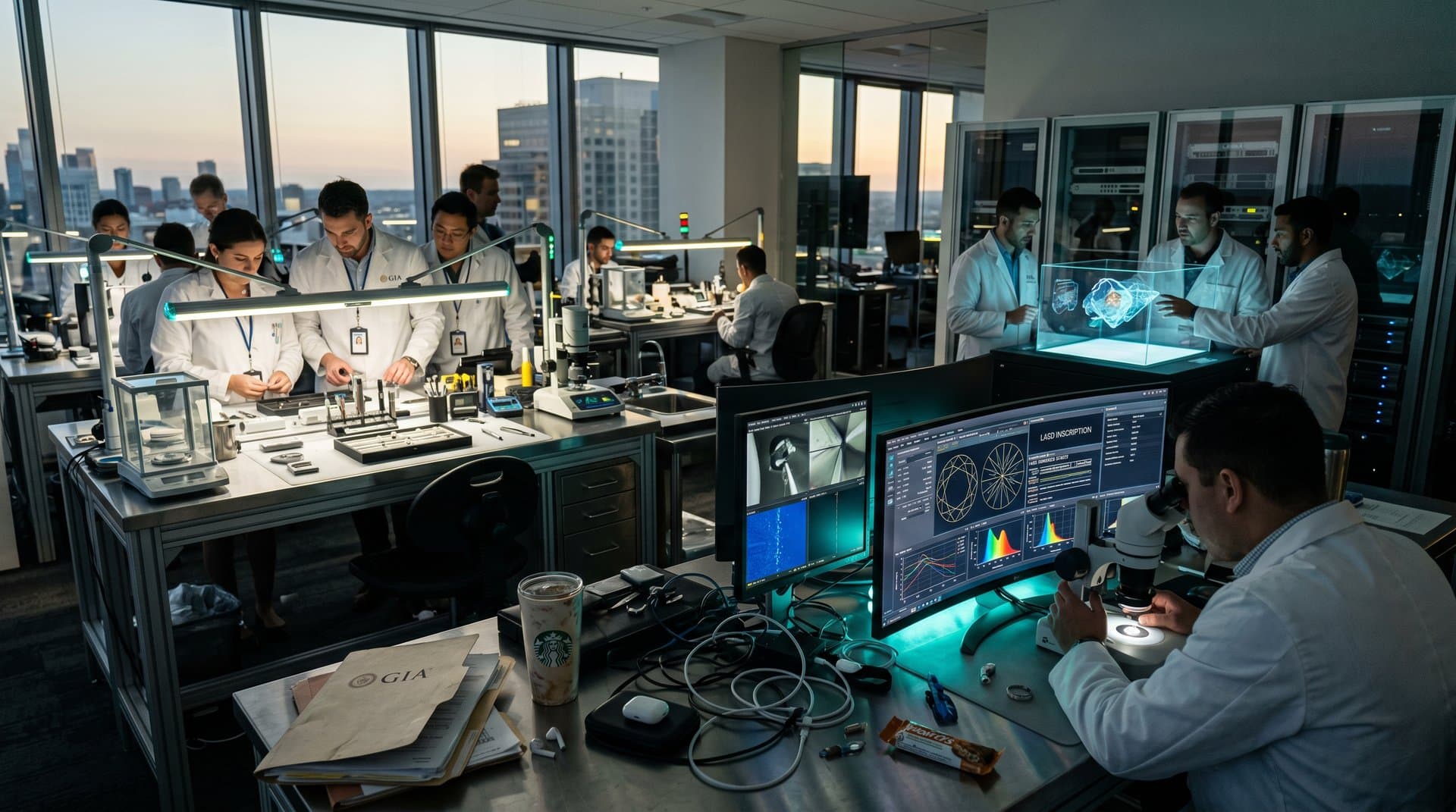 AI-powered lab screens overlay scans of VS1 diamonds and 18k gold hallmarks for luxury authentication