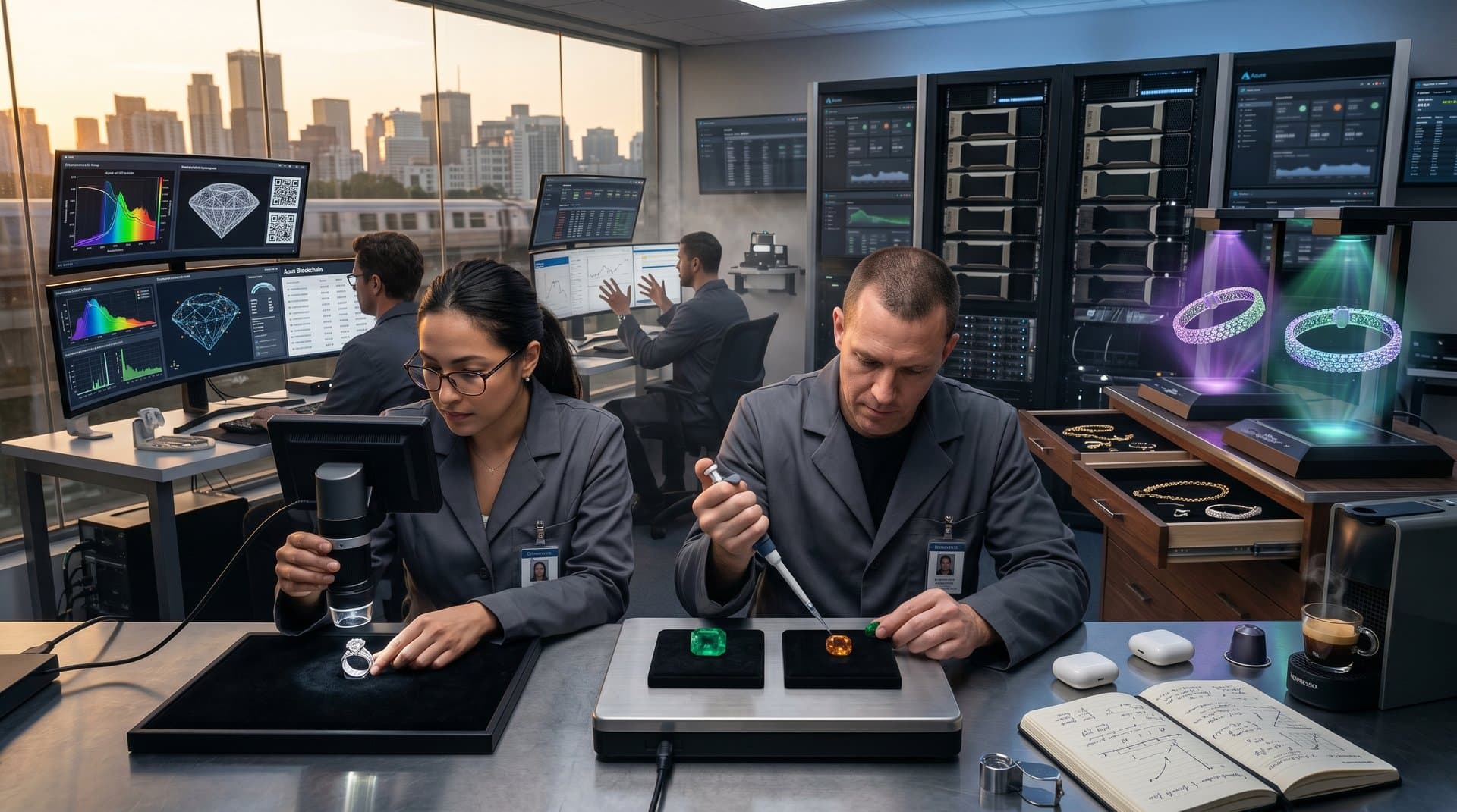 AI lab with hyperspectral scans of diamonds, emeralds, blockchain for jewelry authentication