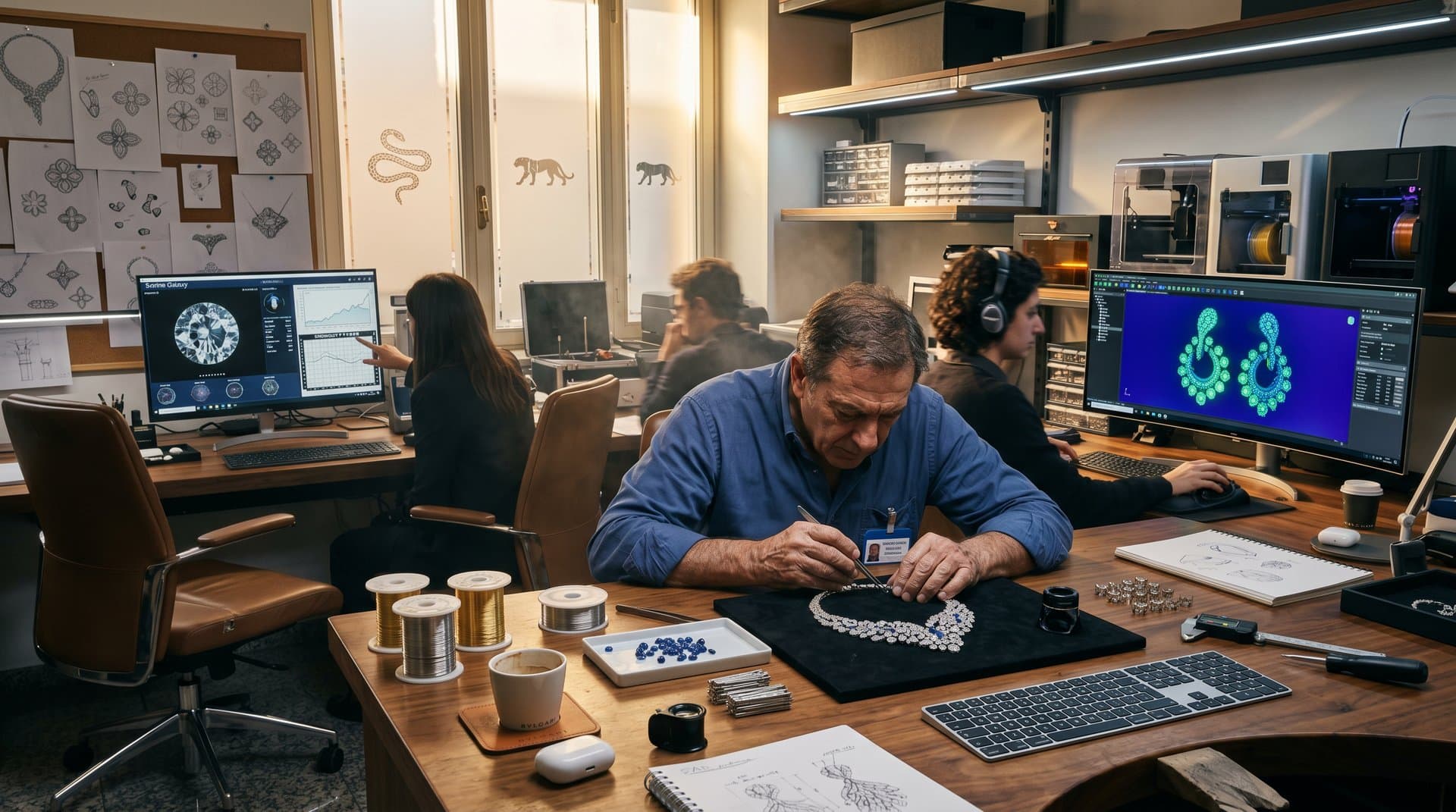 AI-modeled jewelry on screens in luxury design studio with gem prototypes and tech tools