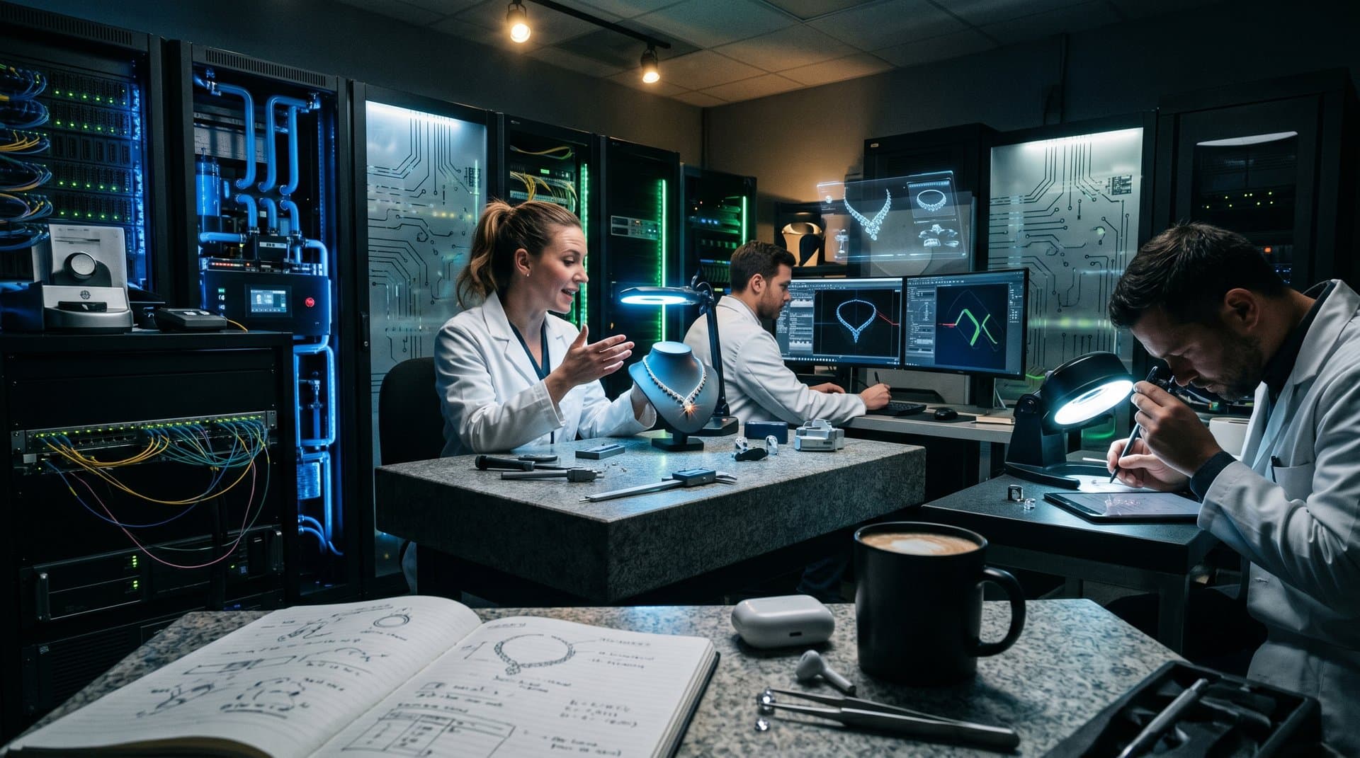 AI lab with jewelry prototypes, gem simulations on screens amid GPU servers