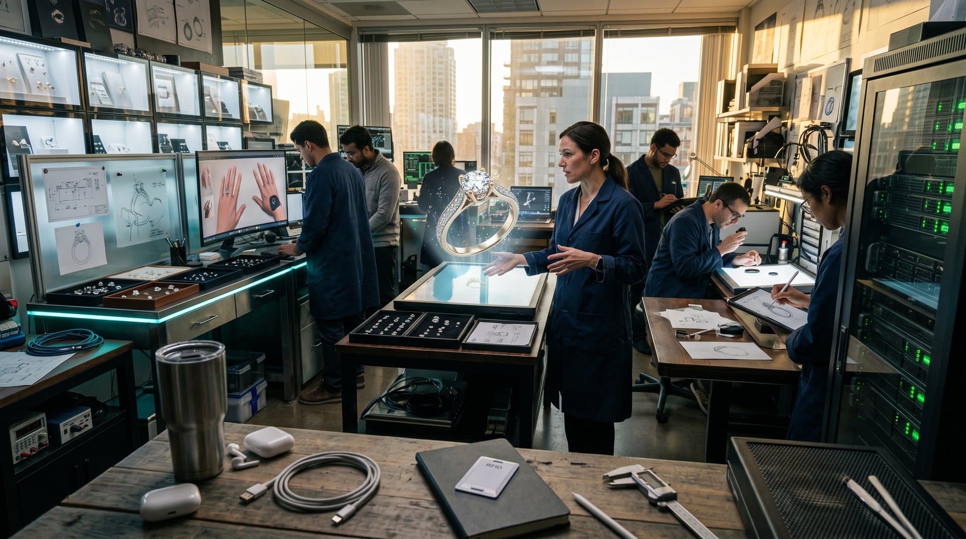 AI lab team prototypes luxury smart rings with diamond simulations and sensor integrations on advanced displays