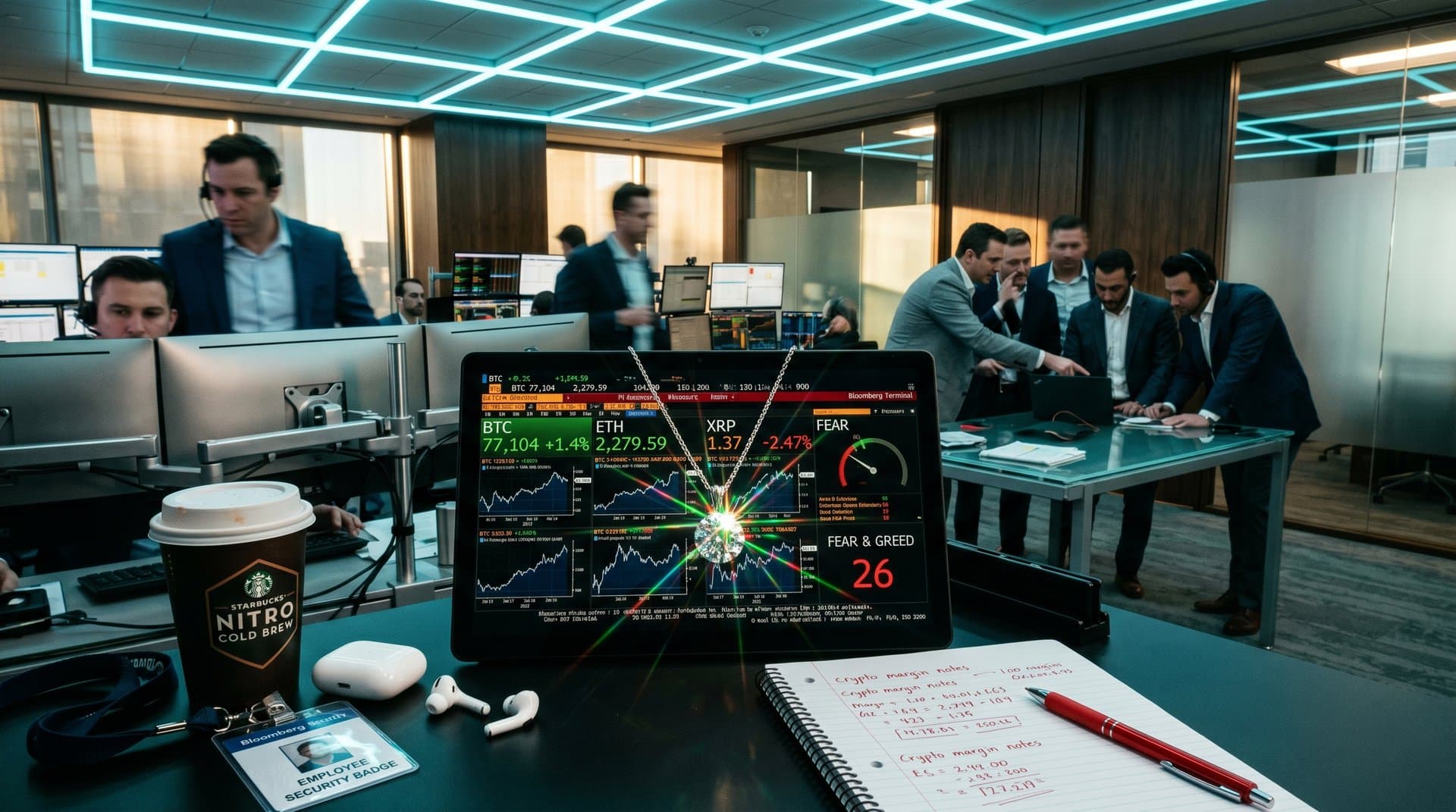 Diamond necklace on crypto chart showing BTC $77,104 and Fear & Greed 26