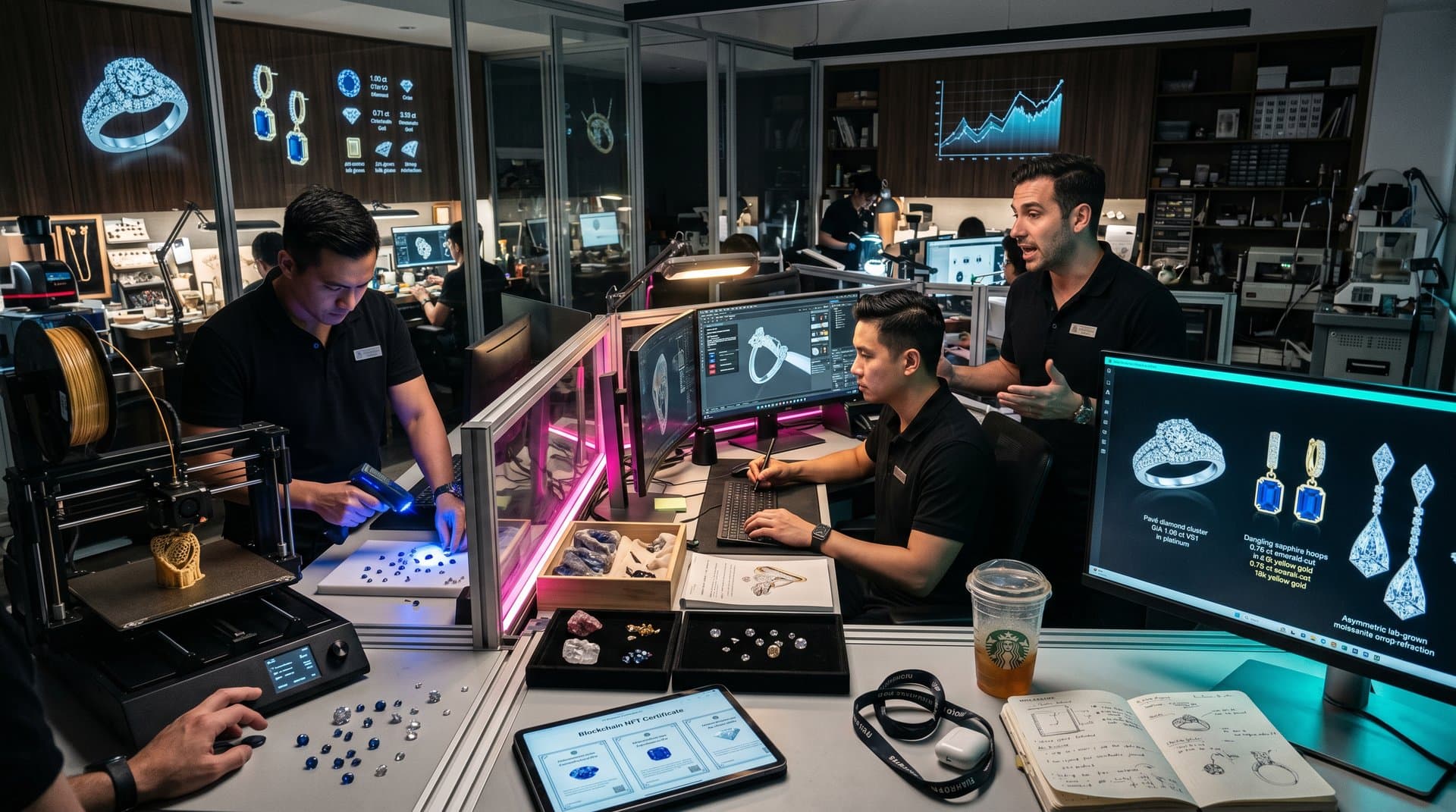 AI-generated luxury earring designs on screens in modern studio: pavé diamonds, sapphire drops, gold hoops with CAD tools and 3D printing elements