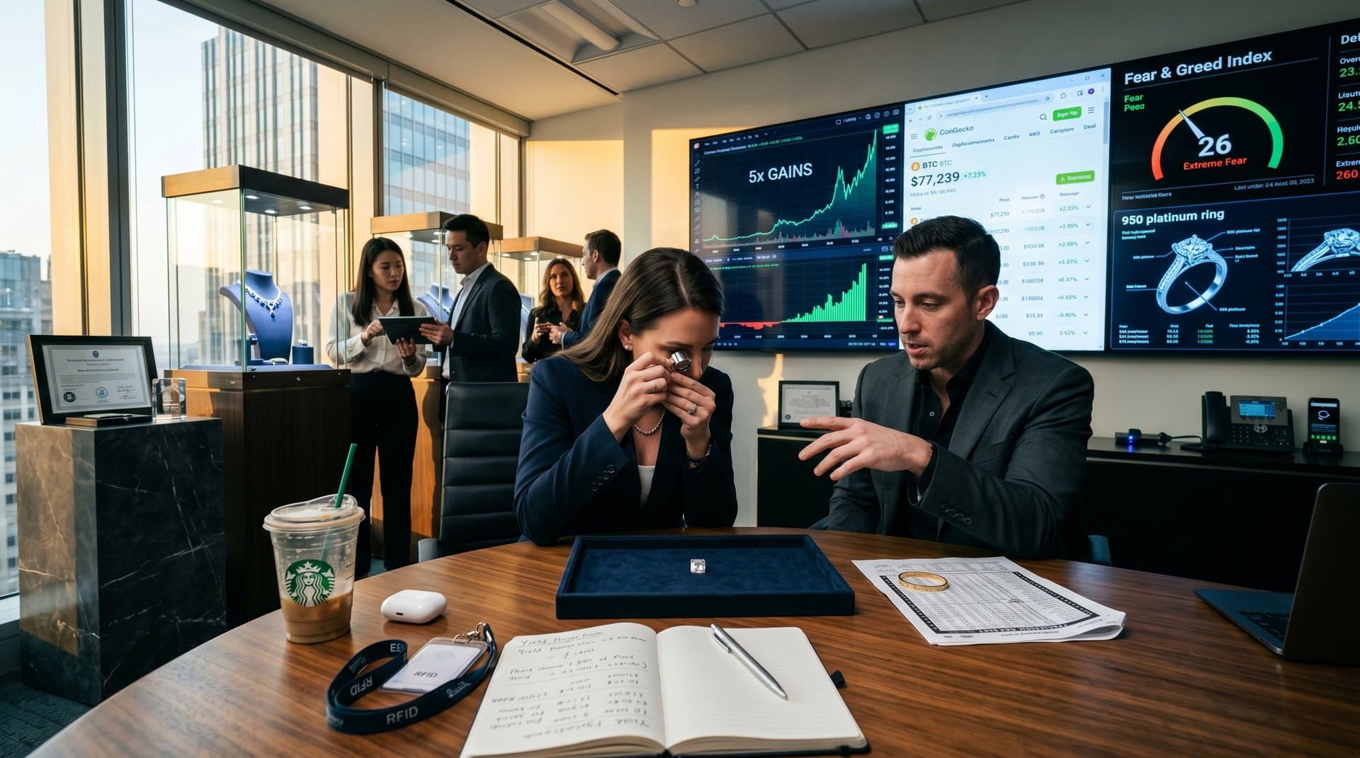 Luxury desk blending diamonds, 18k gold, AI stock charts, $77K BTC, Fear & Greed 26 in jewelry investment scene