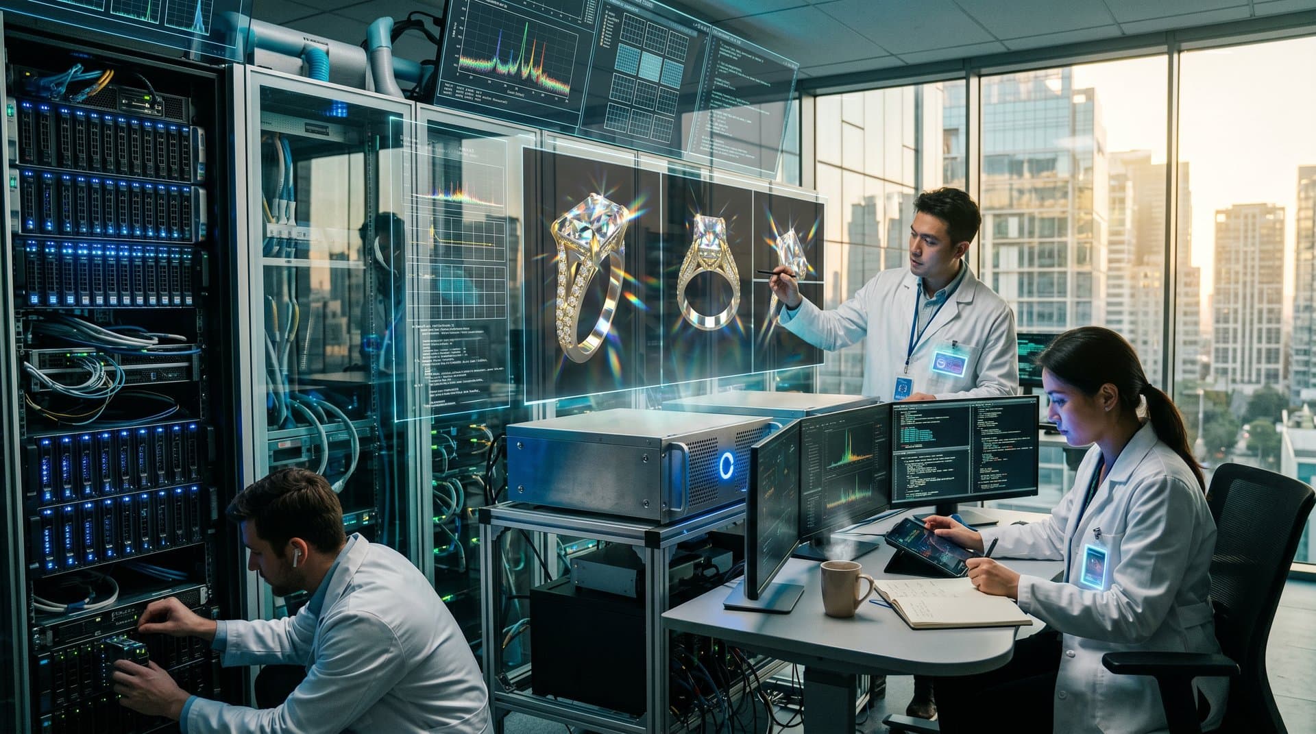 Two Hands Corp quantum lab team simulates pavé diamond ring designs on holographic displays amid advanced processors and data monitors
