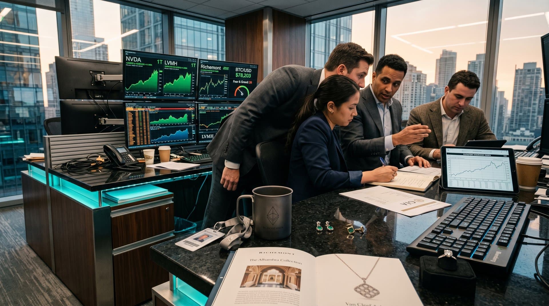 Trading desk with AI chip stocks, LVMH charts, and diamond ring amid finance tools