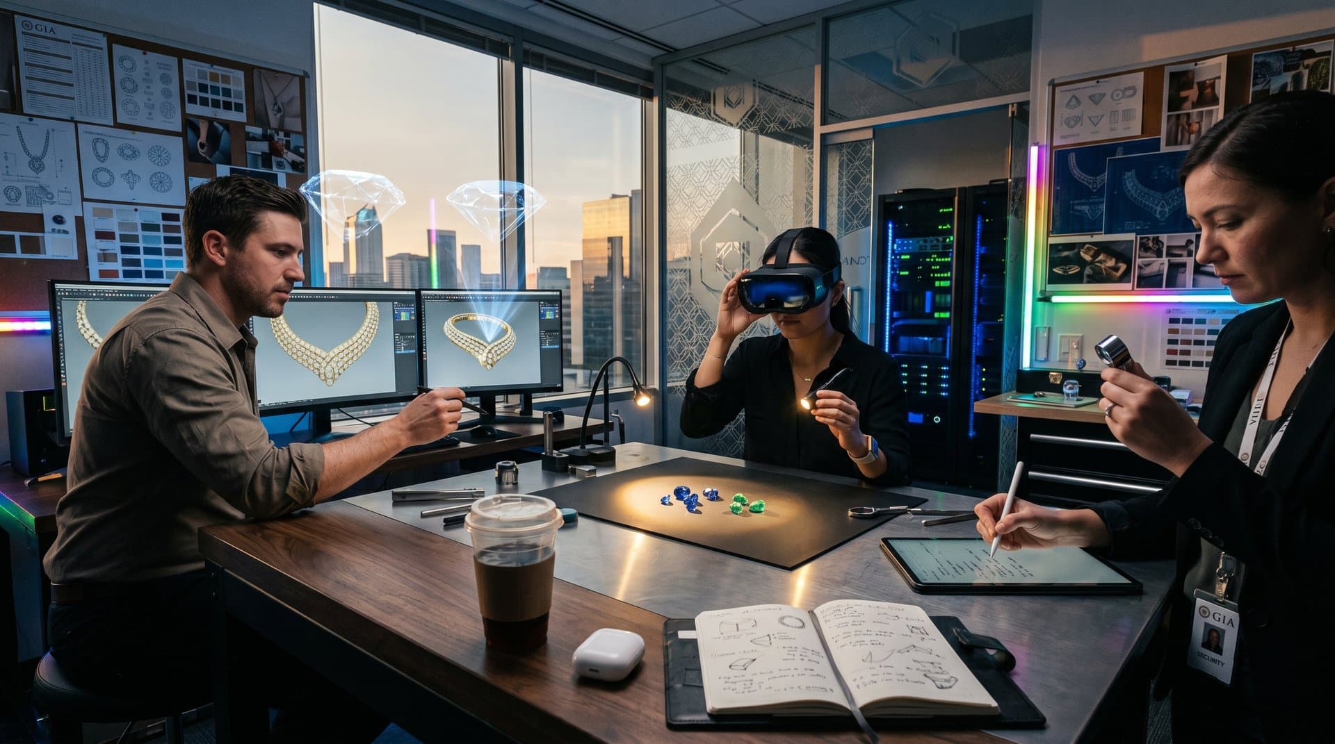 AI jewelry simulation studio with ray-traced diamond renders on monitors amid tech servers and design sketches