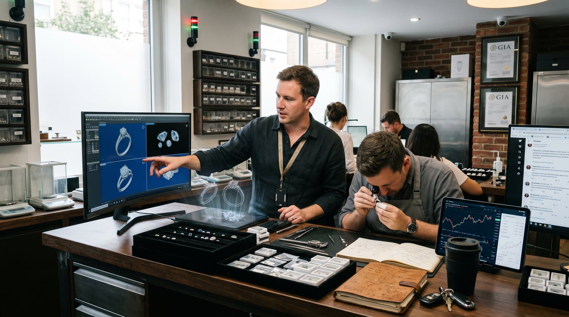 AI jewelry studio with 3D bridal ring renders, Reddit data screens, and gem tools