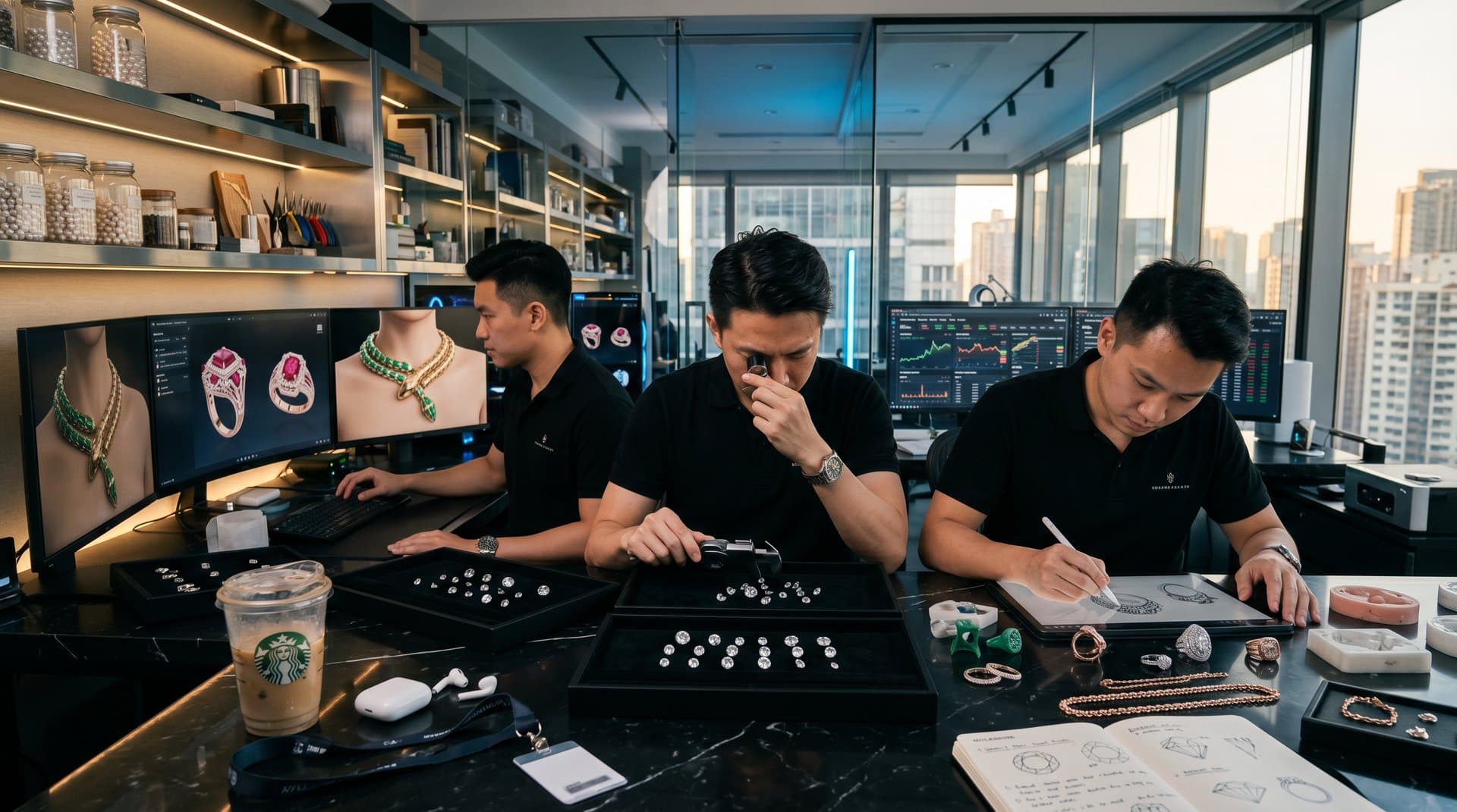 AI jewelry design studio rendering diamond simulations on screens amid luxury gems and tools
