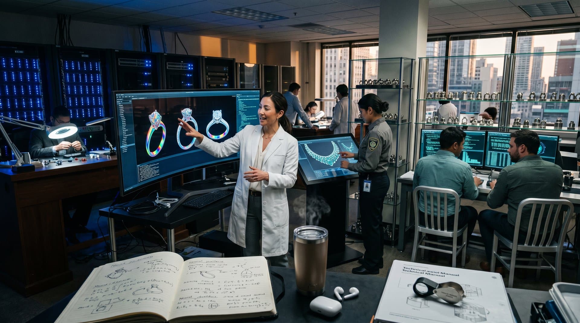 AI screens in tech lab display 3D bridal jewelry designs amid servers and gem prototypes