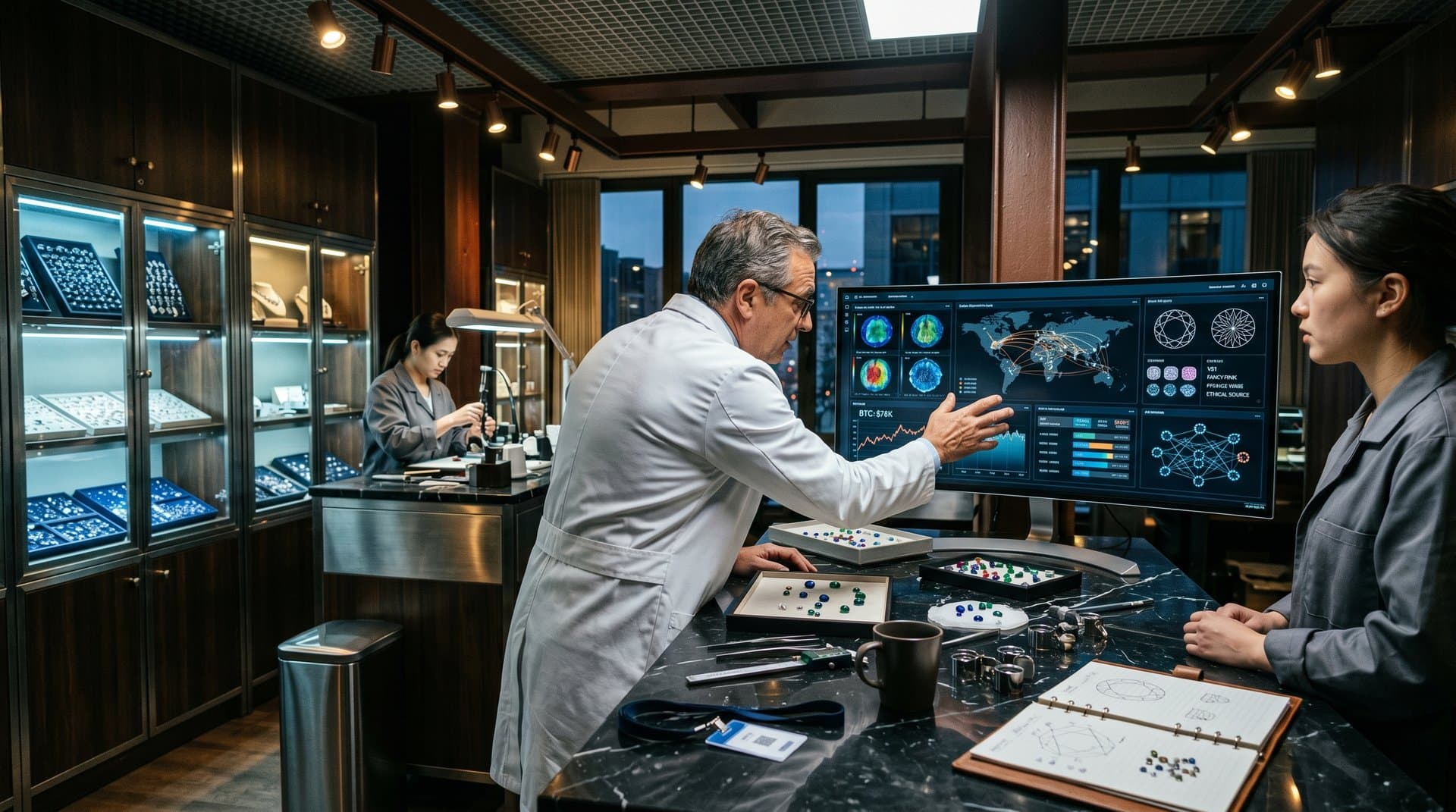 AI dashboard scanning gems and mapping ethical supply chains for luxury rings with crypto charts