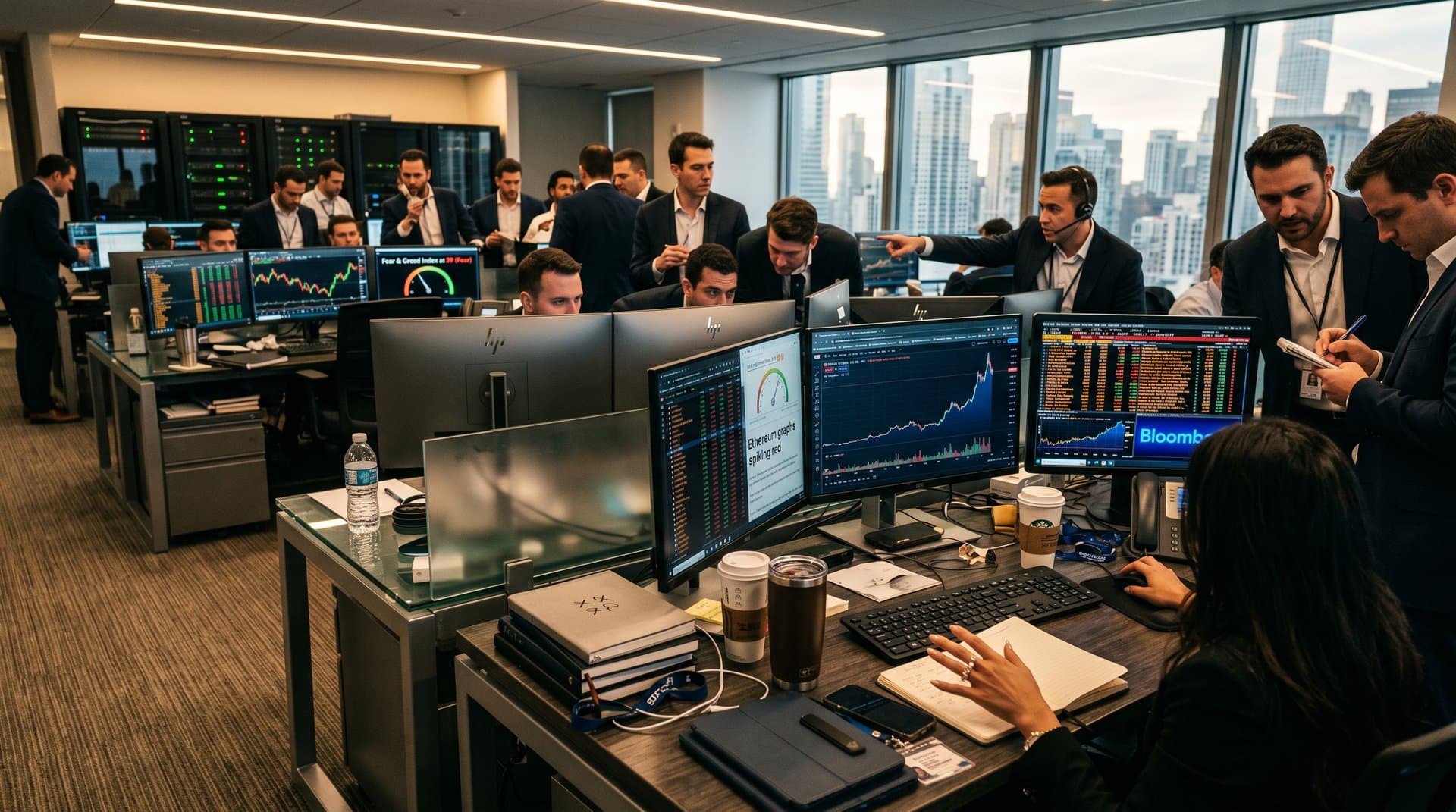 Trading floor with crypto charts at BTC $78K and Fear 39, luxury pearl drop earrings on desk near terminal