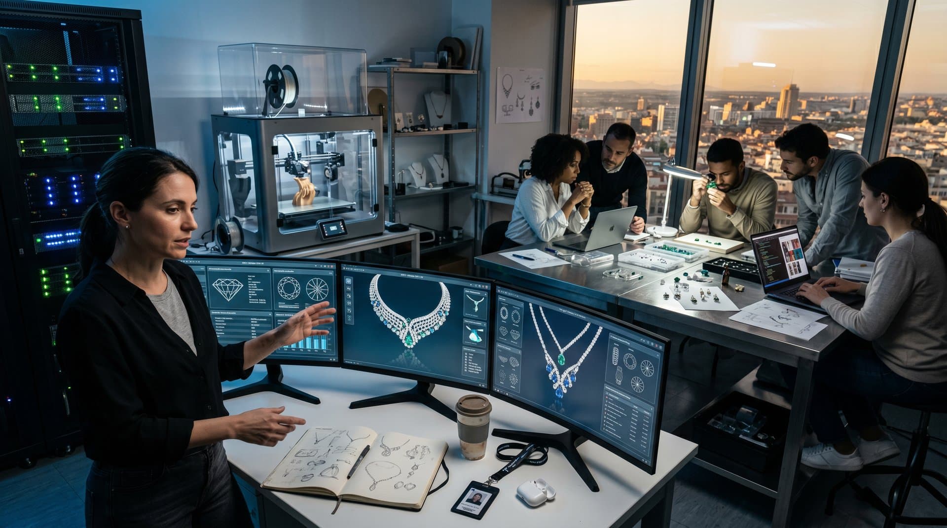 Telefónica Tech team reviews AI-generated 3D luxury necklace designs in modern lab with holographic displays
